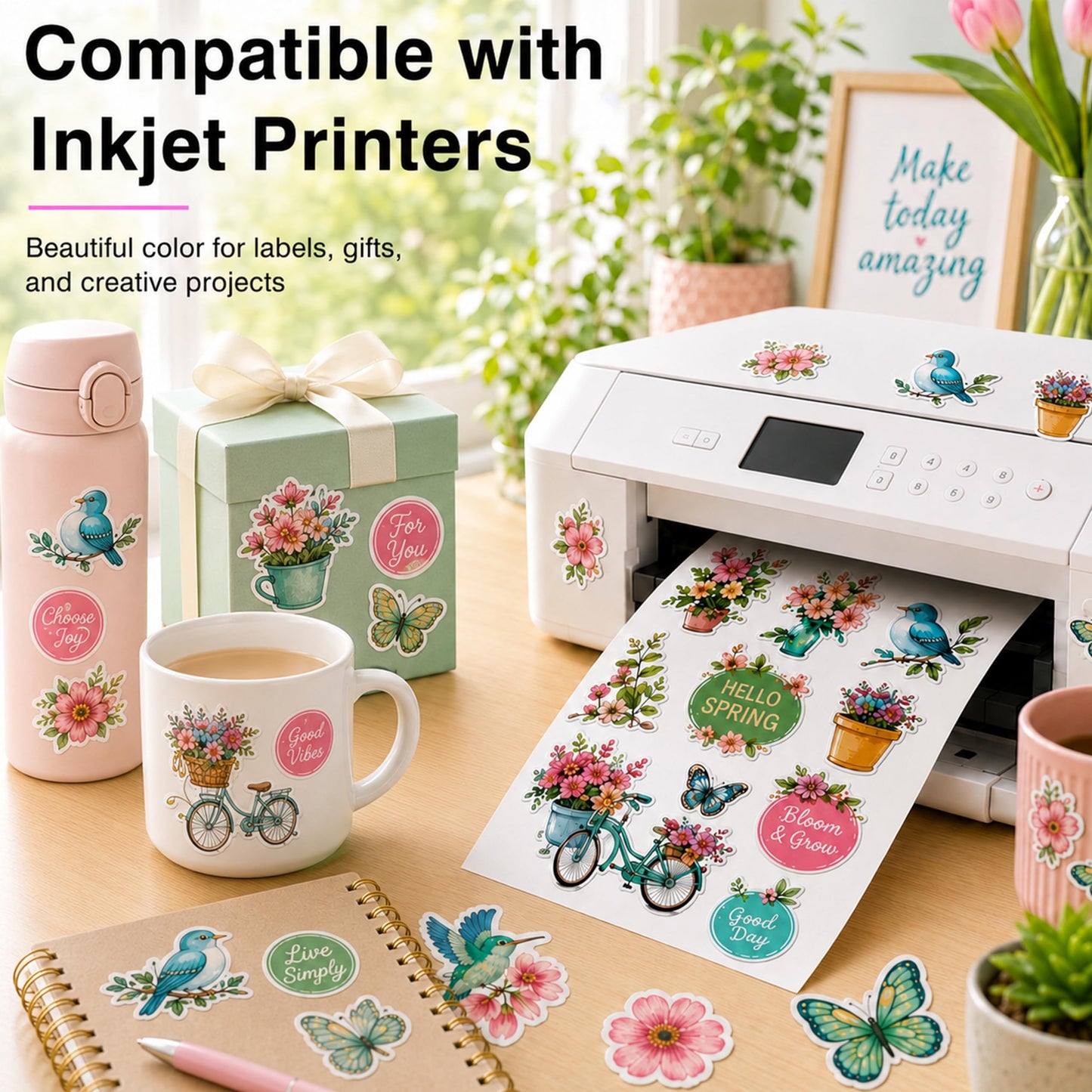 Ruibytree Printable Vinyl Sticker Paper for Inkjet Printer, 120 Sheets Glossy White 8.5 x 11 Inch, Waterproof, Quick Dry, Vivid Colors, Tear Resistant, for Cricut, Labels and DIY Crafts