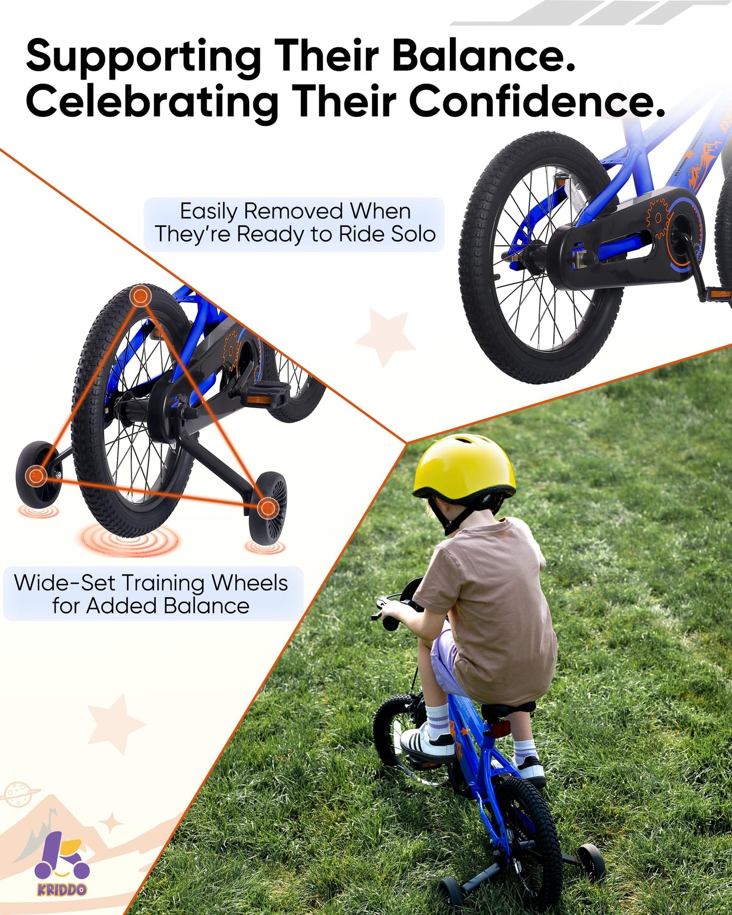 KRIDDO 14-16 Inch Kids Bike for Ages 3–8, Boys and Girls Bicycle with Removable Training Wheels, Bicycle for Kids with Hand Brake & Coaster Brake, Adjustable Height, DIY Name Plate, 16 Inch Blue