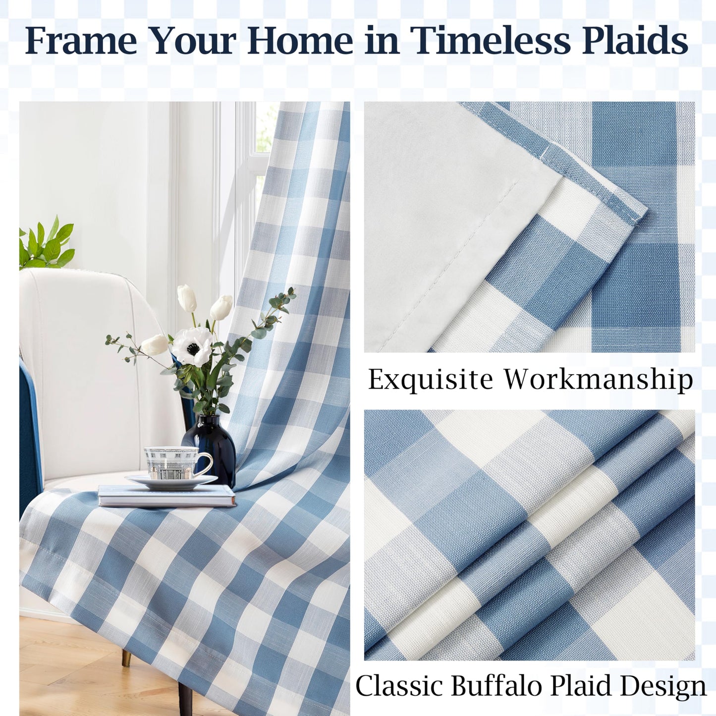 Bapawfish Buffalo Plaid Full Blackout Curtain Panels 84 Inches Length,Dusty Blue and White Farmhouse Drapes,Thermal Insulated Window Treatment for Bedroom Living Room,Rod Pocket Back Tabs,40"Wx84"Lx2
