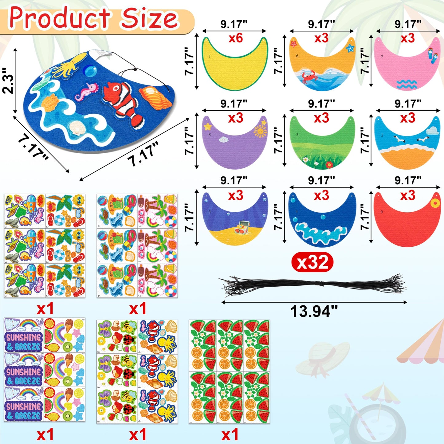 30Sets Summer Felt Visor Hats Crafts Kits for Kids Bulk, DIY Beach Sun Visor Hat Activities with Stickers for Hawaiian/Luau/Under-the-Sea Party Supplies