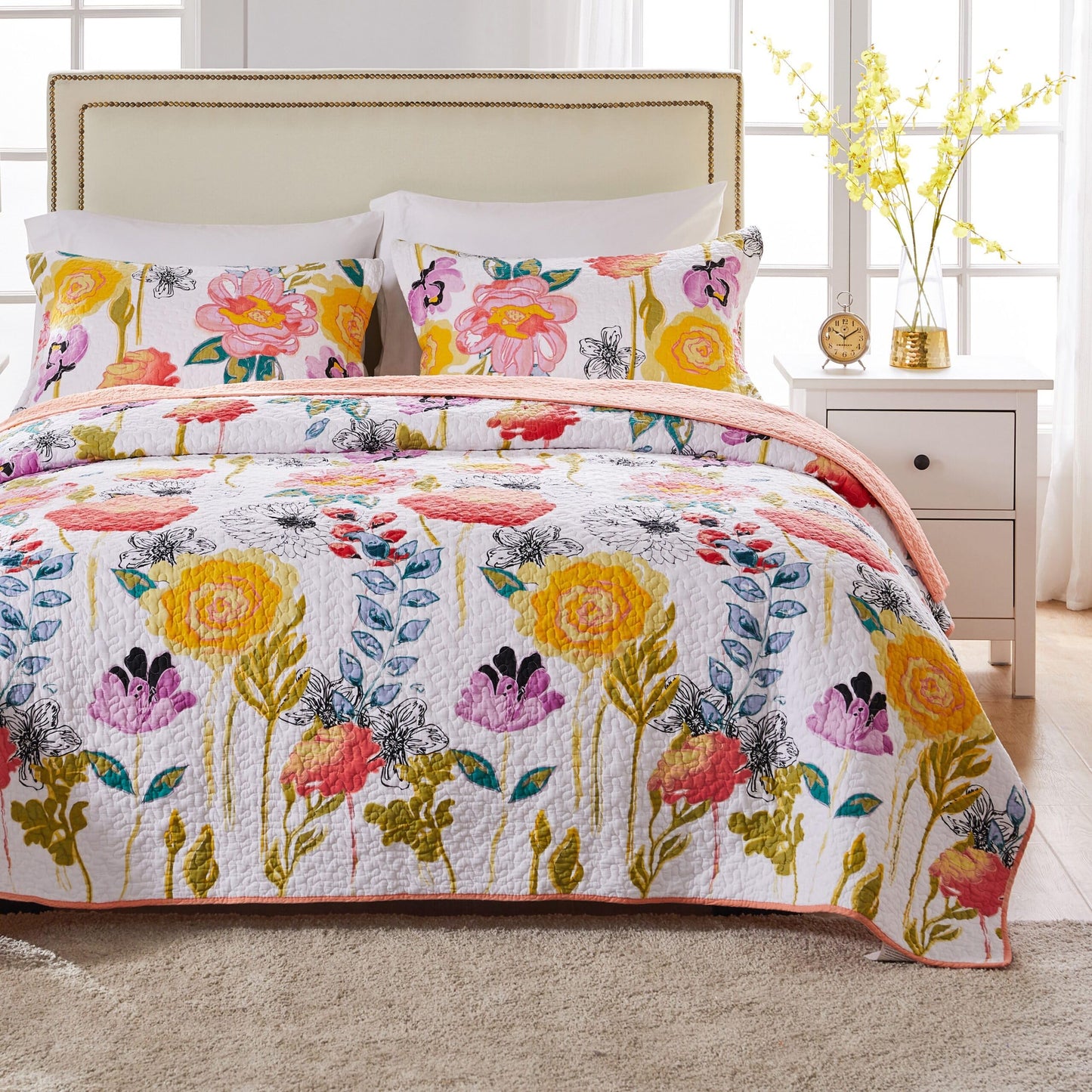 Greenland Home - GL-1408AMSQ Watercolor Dream Quilt Set, 3-Piece Full/Queen, White