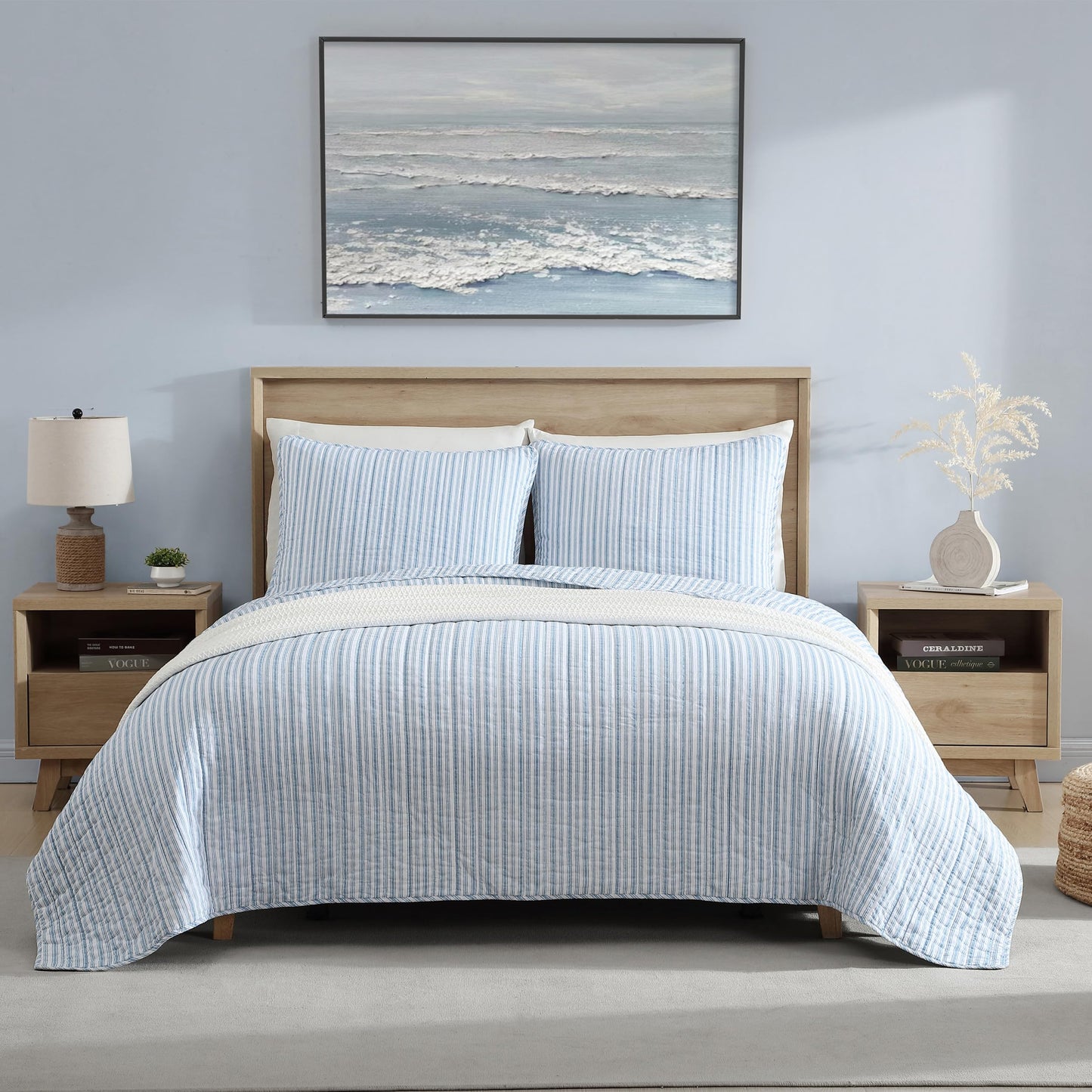 Nautica – Twin Quilt Set, Reversible Bedding with Matching Sham, Stripe Room Decor, Lightweight Bed Set, College Dorm Room Essentials (Coleridge Blue)