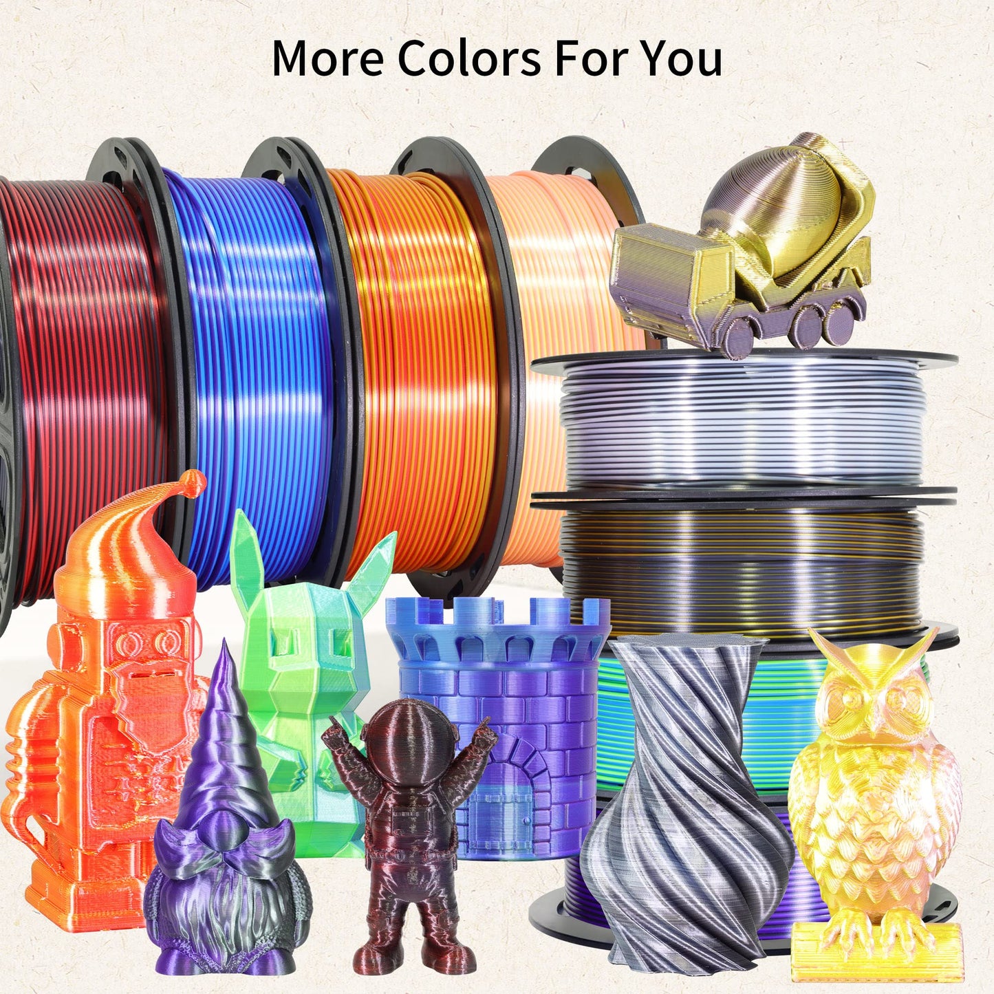 8 Spools Dual Color Silk PLA 3D Printer Filament Bundle, Silk White/Black, Red/Black, Gold/Black, Purple/Black, Purple/Blue, Red/Gold, Green/Blue, Yellow/Pink, 1.75mm Bicolor Silk PLA 250gX8