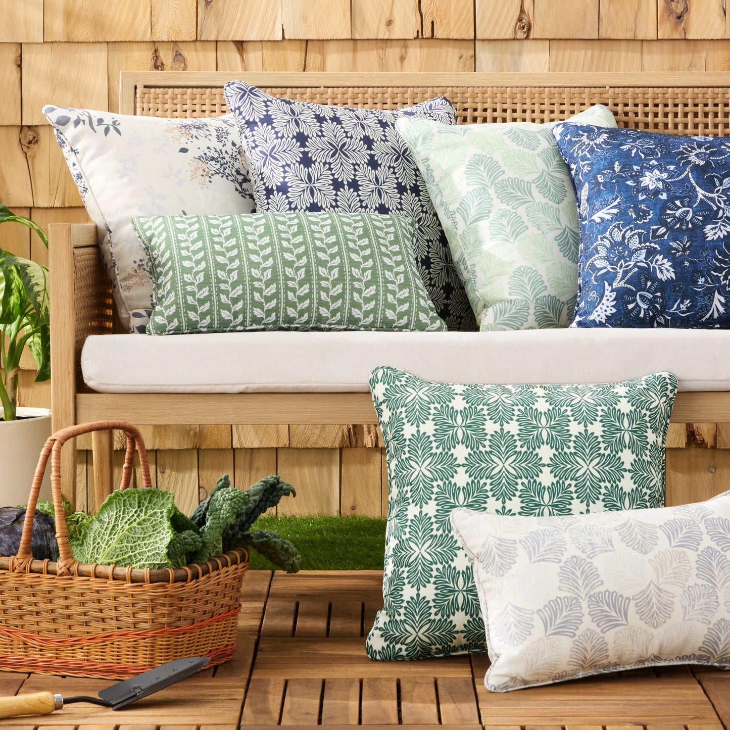 Martha Stewart Tulum Indoor Outdoor Decorative Lumbar Pillow 2-Pack Set, UV Fade Resistant, Water Repellent, Printed Modern Design, Green, 11"x18"