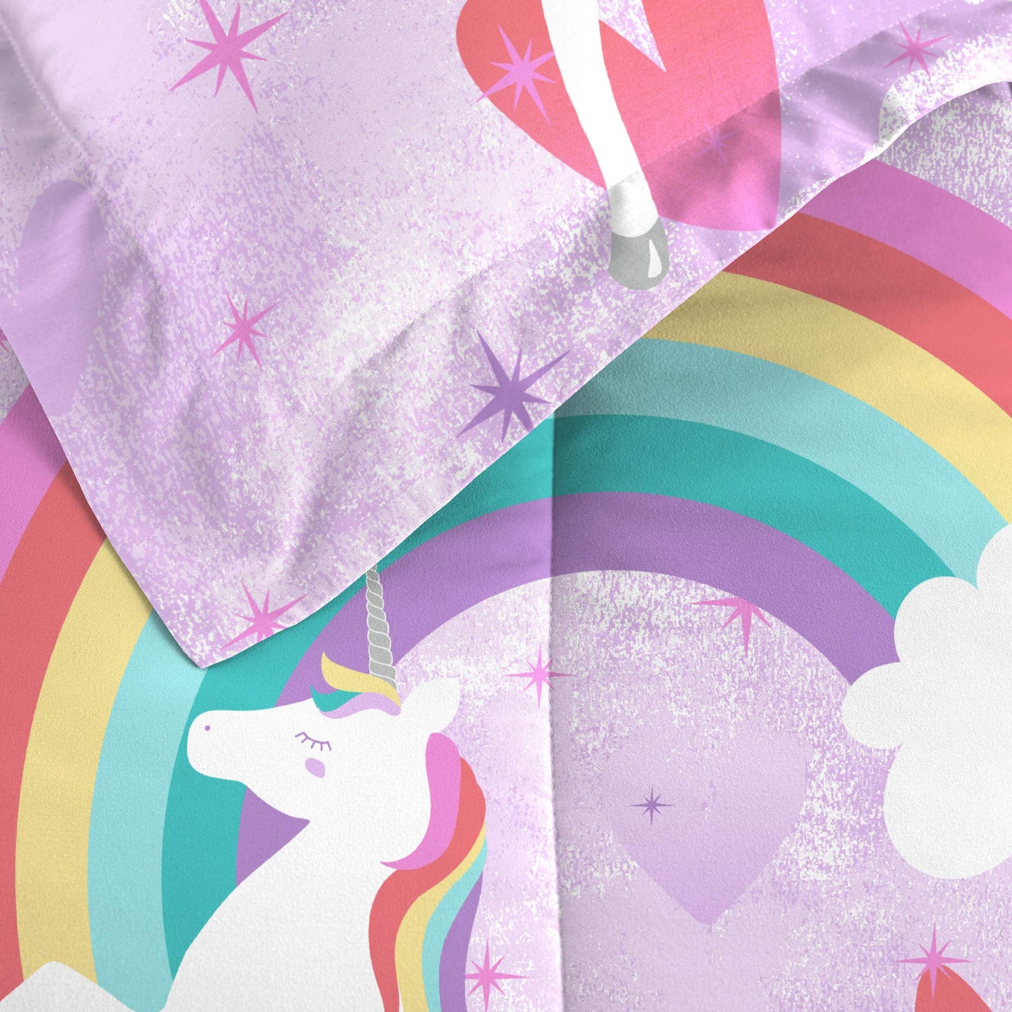 dream FACTORY Kids 5-Piece Complete Set Easy-Wash Super Soft Microfiber Comforter Bedding, Twin, Purple Unicorn Rainbow