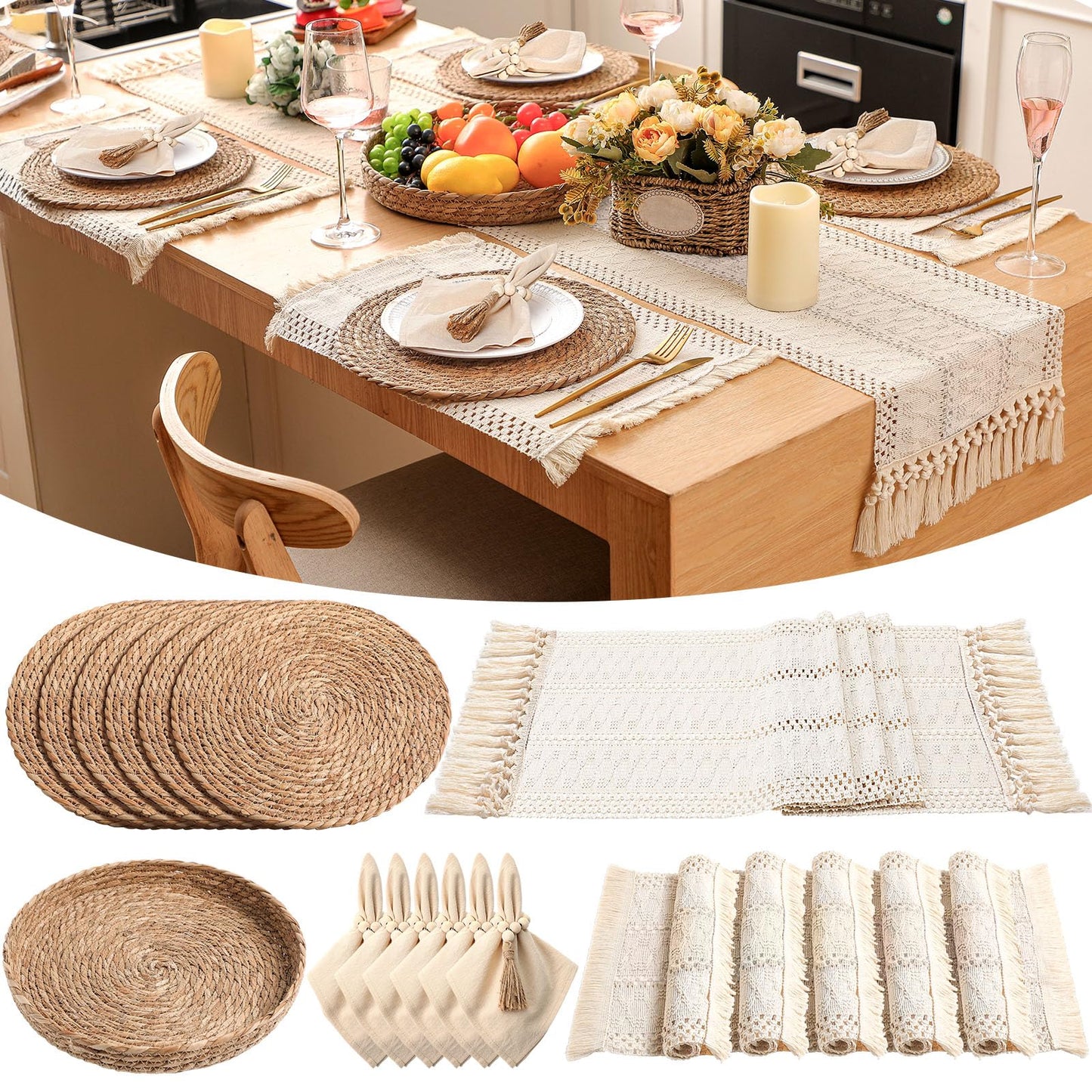 Gandeer 6 Sets Boho Placemats Round Woven Placemats, Cloth Napkins, Wood Bead Napkin Rings, Long Table Runner and Farmhouse Rustic Natural Burlap Cotton for Kitchen Dining Table Home (White)