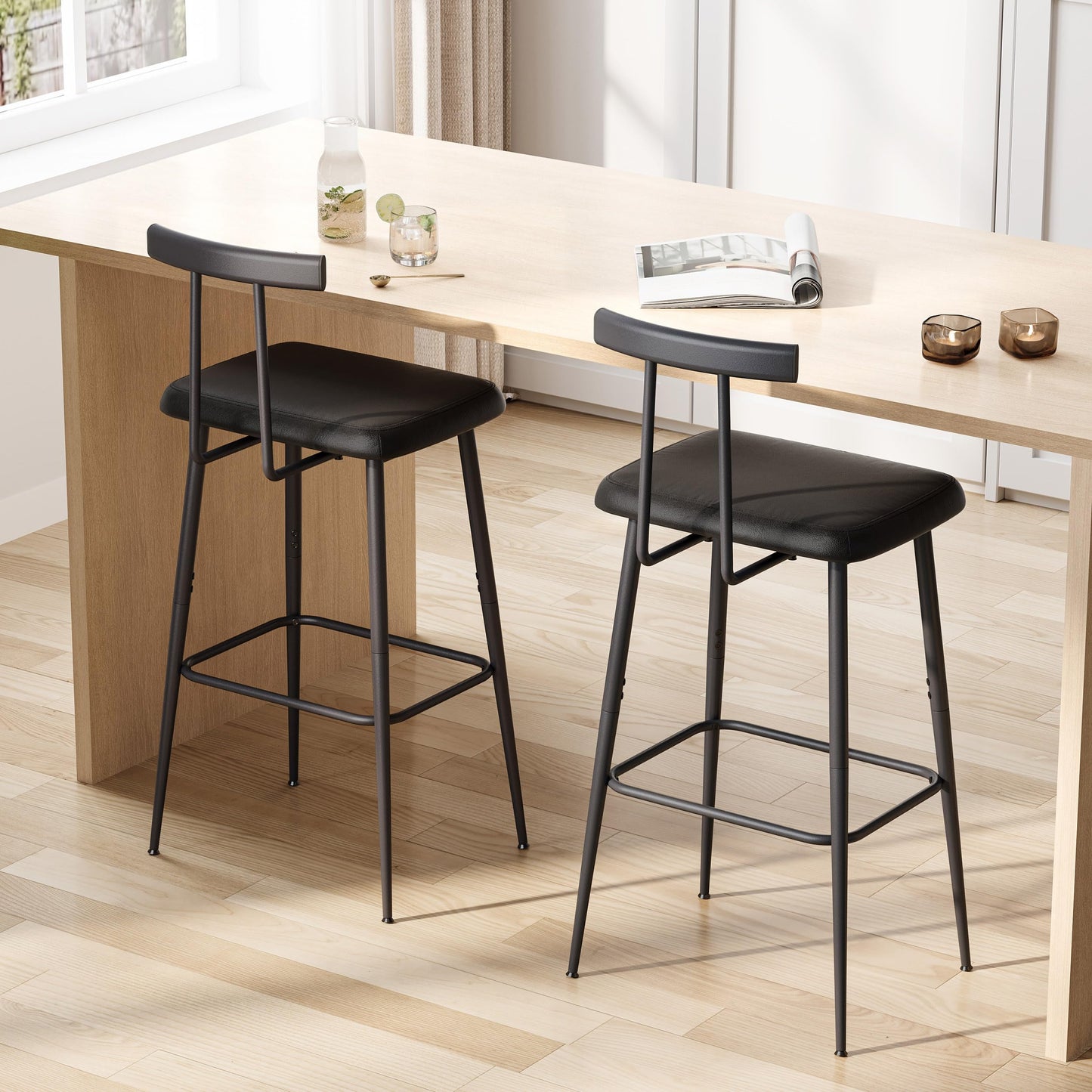 YAUKTAK Bar Stools Set of 2, Tall Bar Stools with Backrest and Footrest, Counter Height Bar Chairs, Industrial Barstools with PU Leather Cushion, for Kitchen, Dining Room, Bar, Cafe (Black) KBS515B