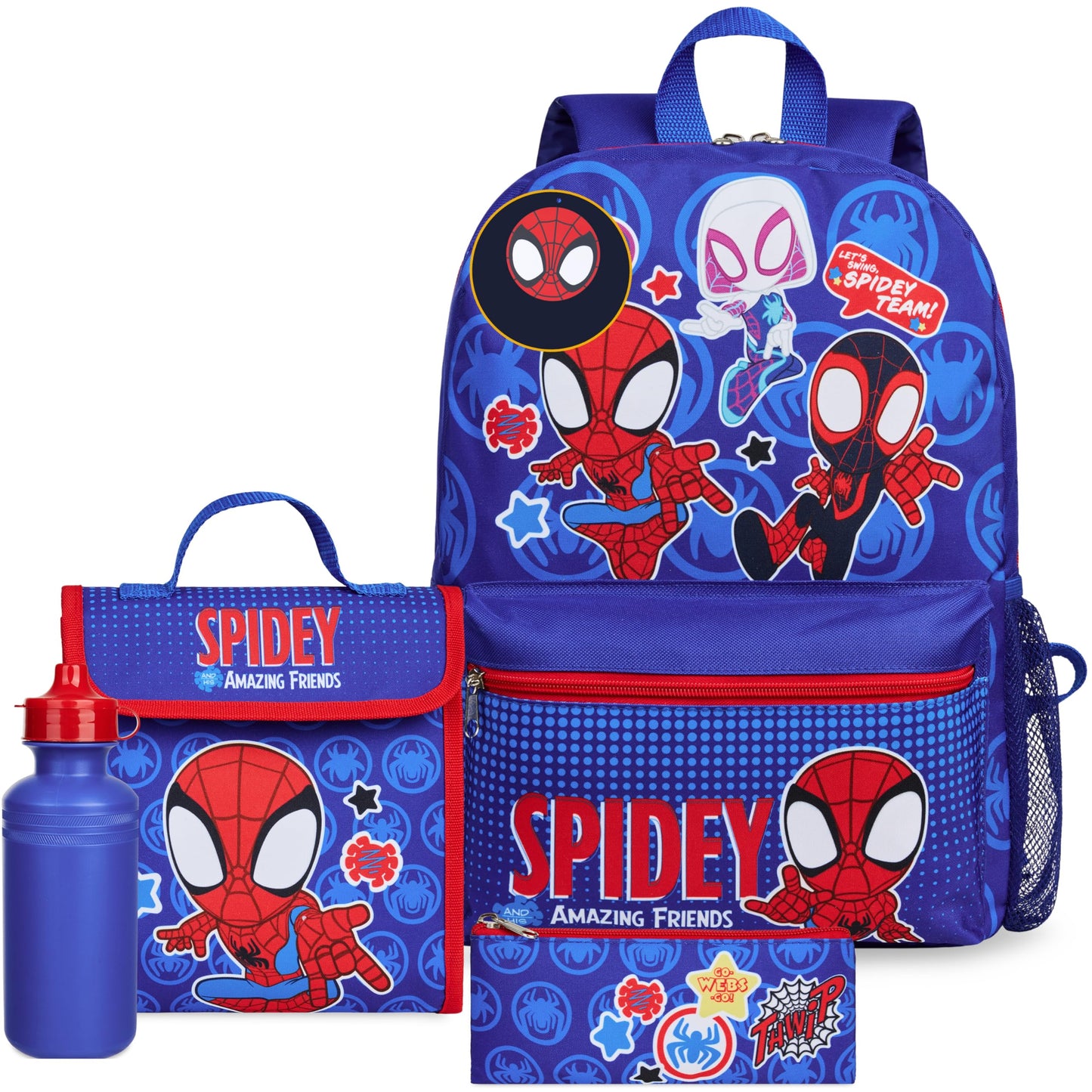 Marvel Spiderman Backpack Set 4 Pcs Water Bottle Pencil Case Lunch Bag or Wallet Key Ring School Supplies Gifts for Kids (Spidey)