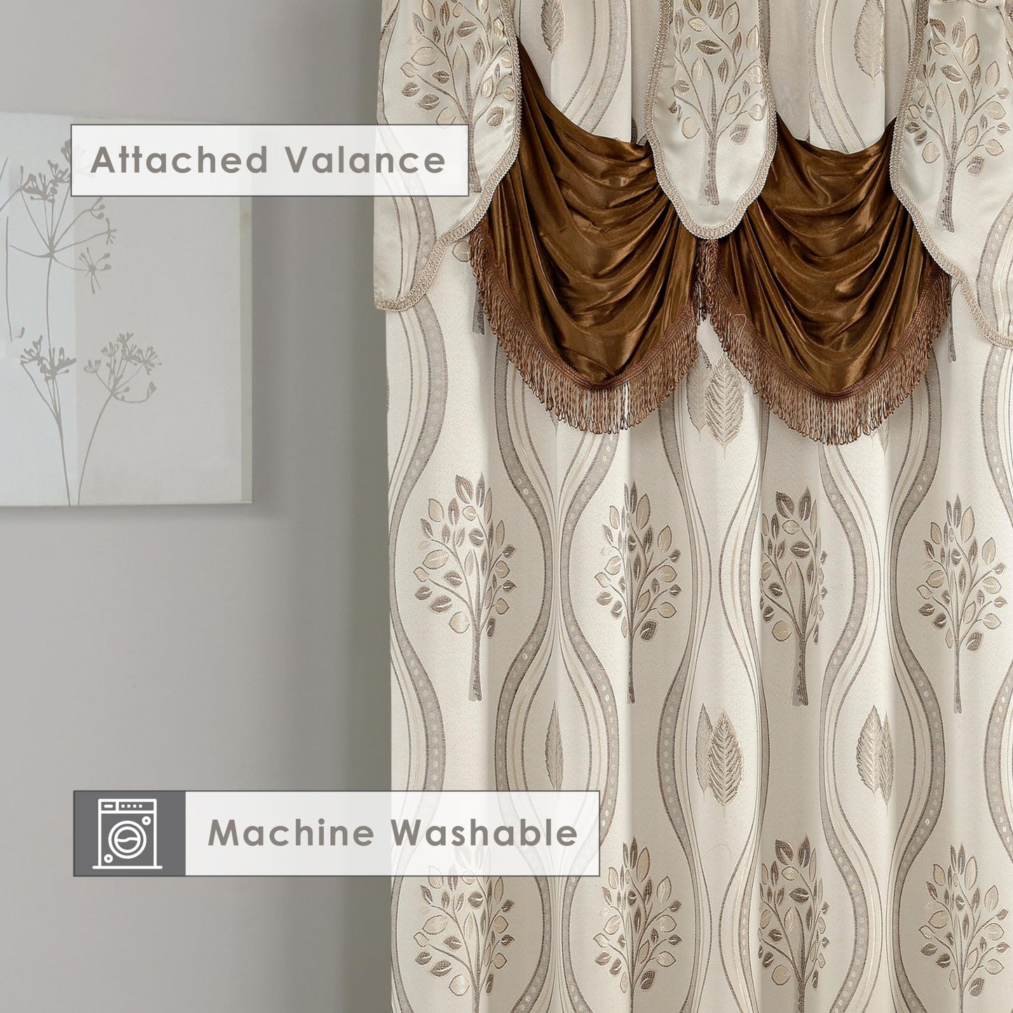 Elegant Comfort Luxurious Aurora Jacquard Look Curtain Panel Set with Attached Valance 54" X 95 inch (Set of 2), Beige