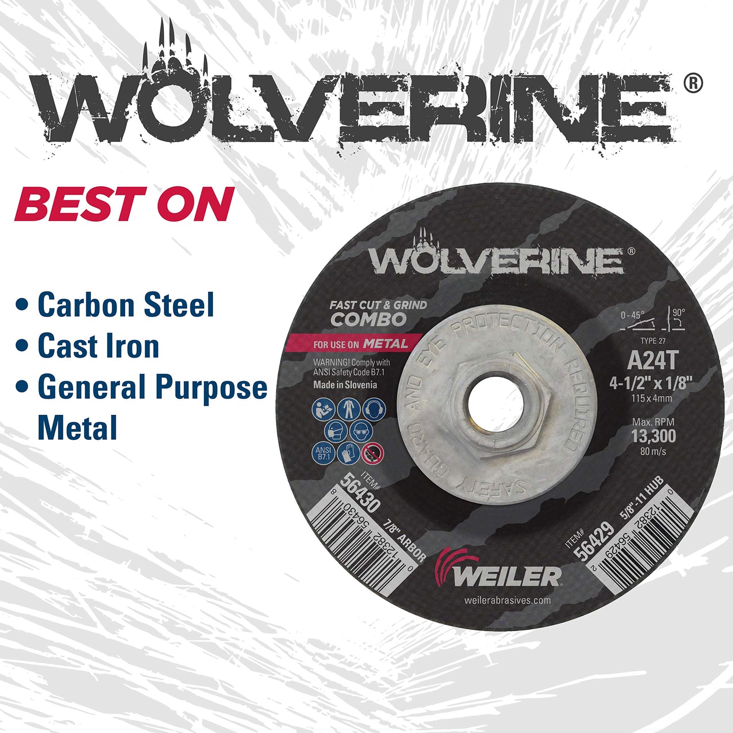 Weiler 56429 Wolverine Type 27 Cut and Grind Combo Wheel, A24T, 5/8" 11 UNC Nut, 4 1/2" x 1/8", Aluminum Oxide, 4.5" Diameter (Pack of 10)