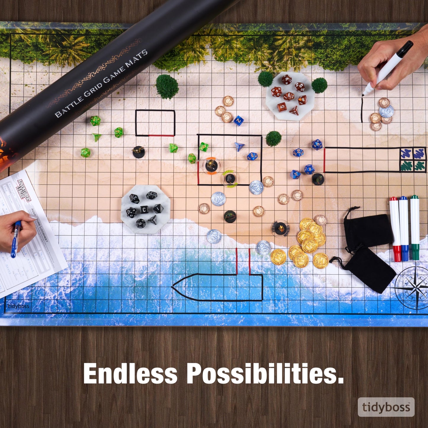 TIDYBOSS 36" x48" Large DND Map | Dry Erase Battle Map | Double-Sided with Grids & Hexes | DND Starter Kit & Warhammer Terrain | Accessories Included