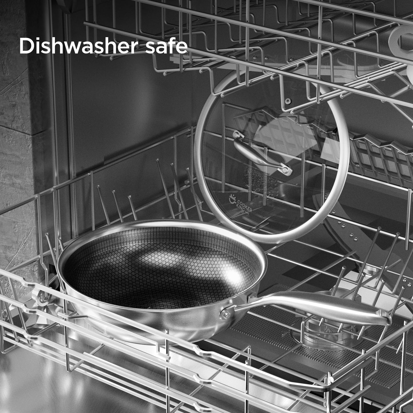 COOKER KING 12-Inch Hybrid Stainless Steel Wok with Lid, Nonstick Stir Fry Pan & Deep Frying Pan, Tri-Ply Clad Honeycomb Everyday Pan, Induction Ready, Oven & Dishwasher Safe, PFOA Free