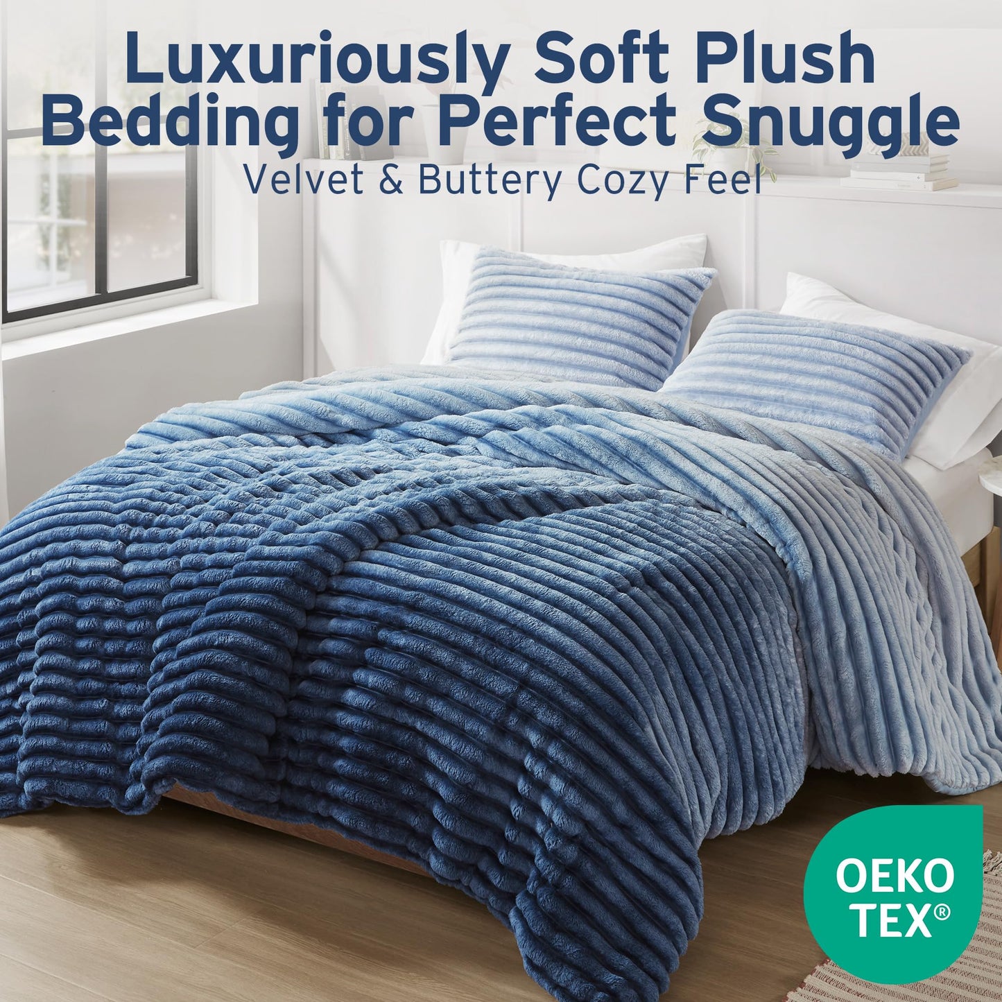 Intelligent Design Queen Comforter Set, Plush Bedding, Microfiber Reverse, 3 Piece, Lightweight, Super Soft Ribbed Velvet Comforter 2 Shams, All Season Fluffy Bed Set, Avril, Full/Queen Blue Ombre