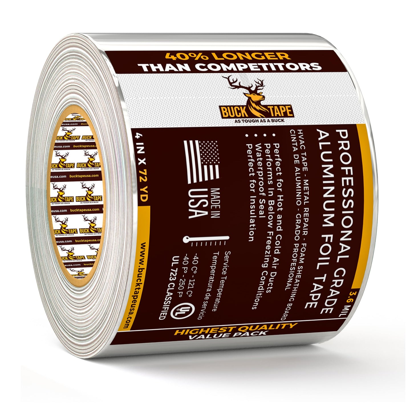 Buck Aluminum Foil Tape – 4 Inch x 216ft (72 yd), 3.6 Mil – HVAC Tape for Ductwork, AC, Dryer Vents & Insulation – Silver Foil Tape for Metal Repair, Exhaust Sealing & Air Conditioning (1 Pack)