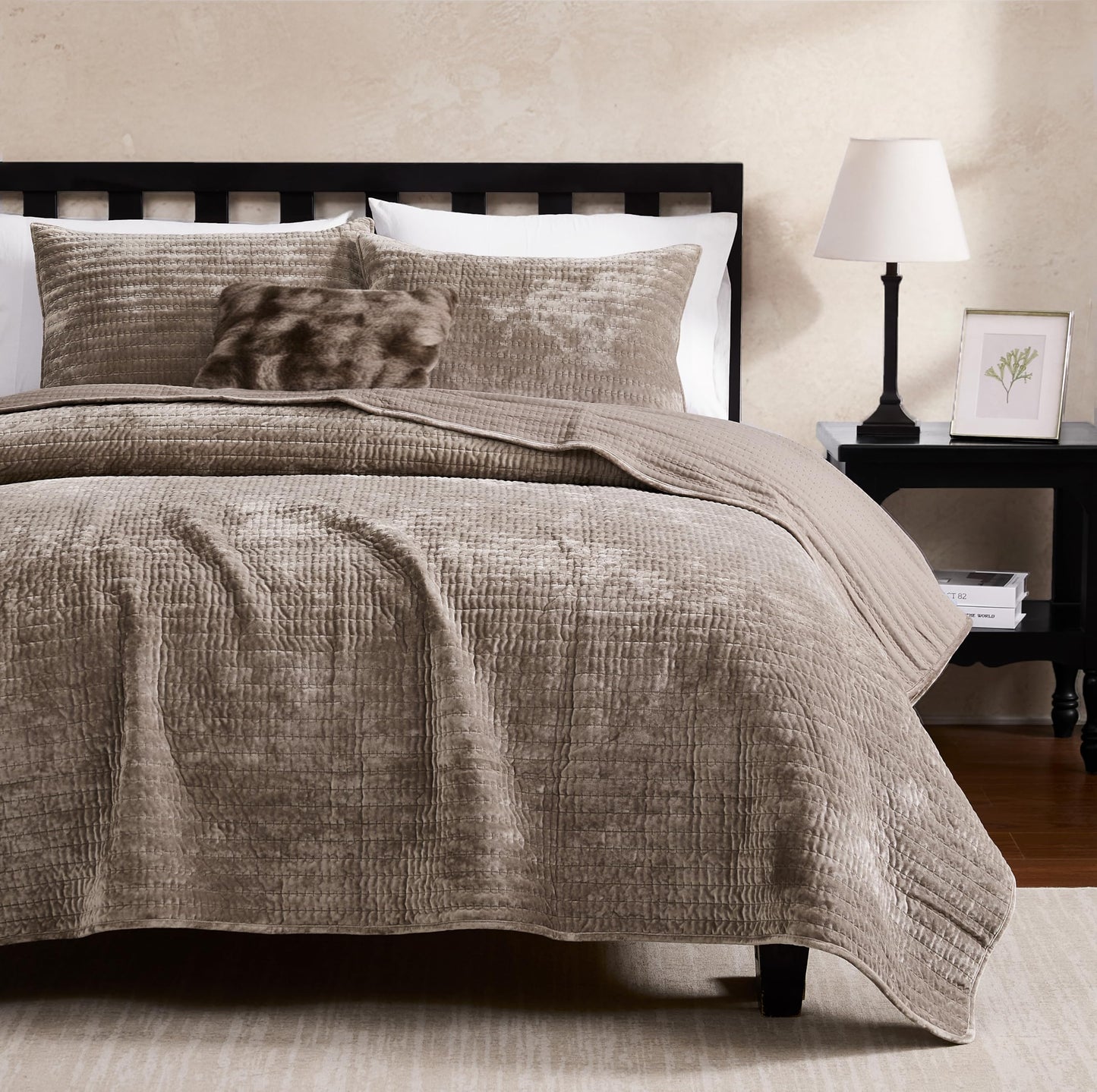 WDCOZY Velvet Queen Size Quilt Set - Brown Taupe Tan Camel Striped Pick Stitch Soft Lightweight Bedspread, Channel Farmhouse Country Rustic Coverlet, Modern Bedding Warm Thin Comforter, 3 Pieces