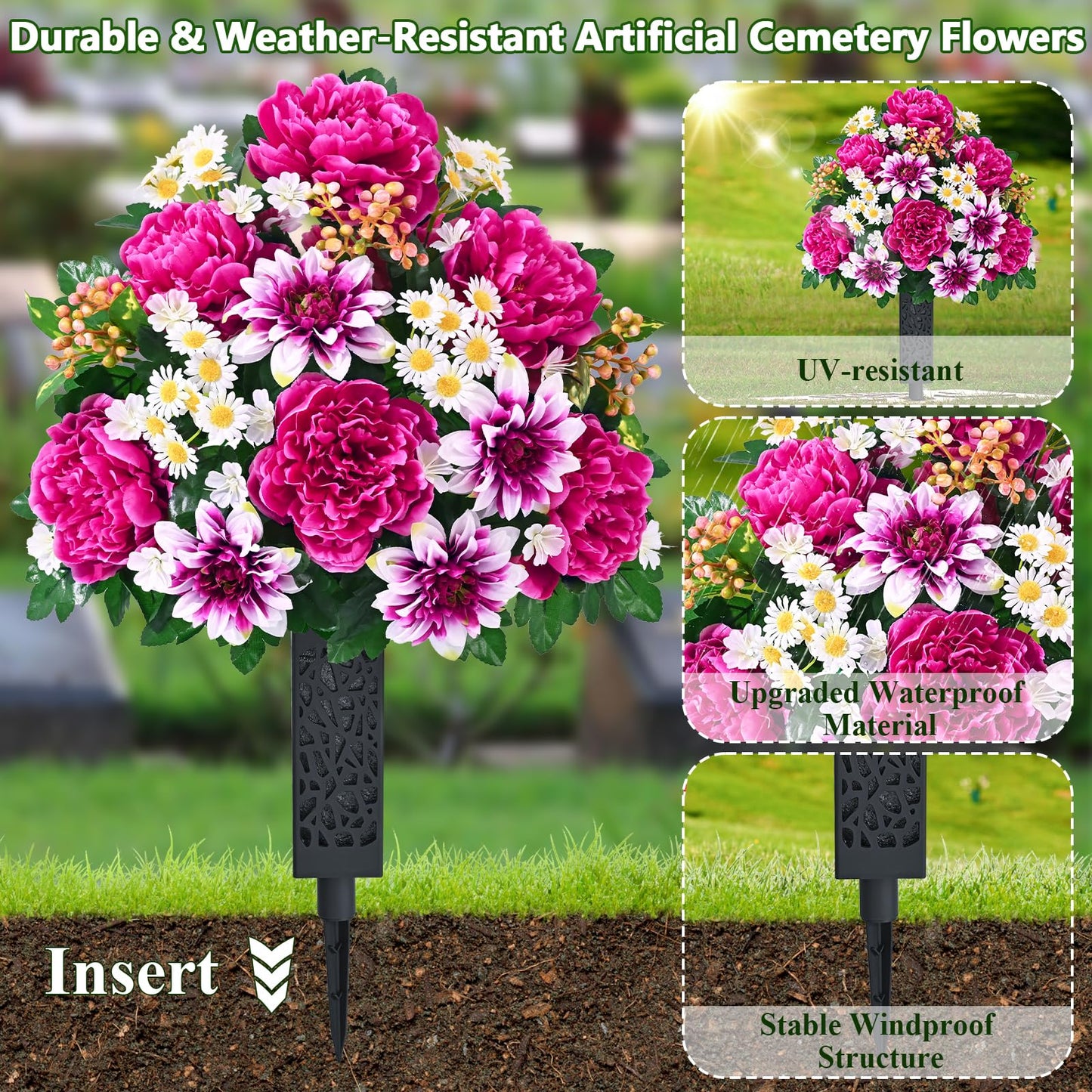 Dolicer Artificial Cemetery Flowers for Grave, Set of 2 Memorial Grave Flowers for Cemetery with Vase Realistic Silk Gravesites UV Resistant Peony Daisies Flowers Decorations (Red with White)