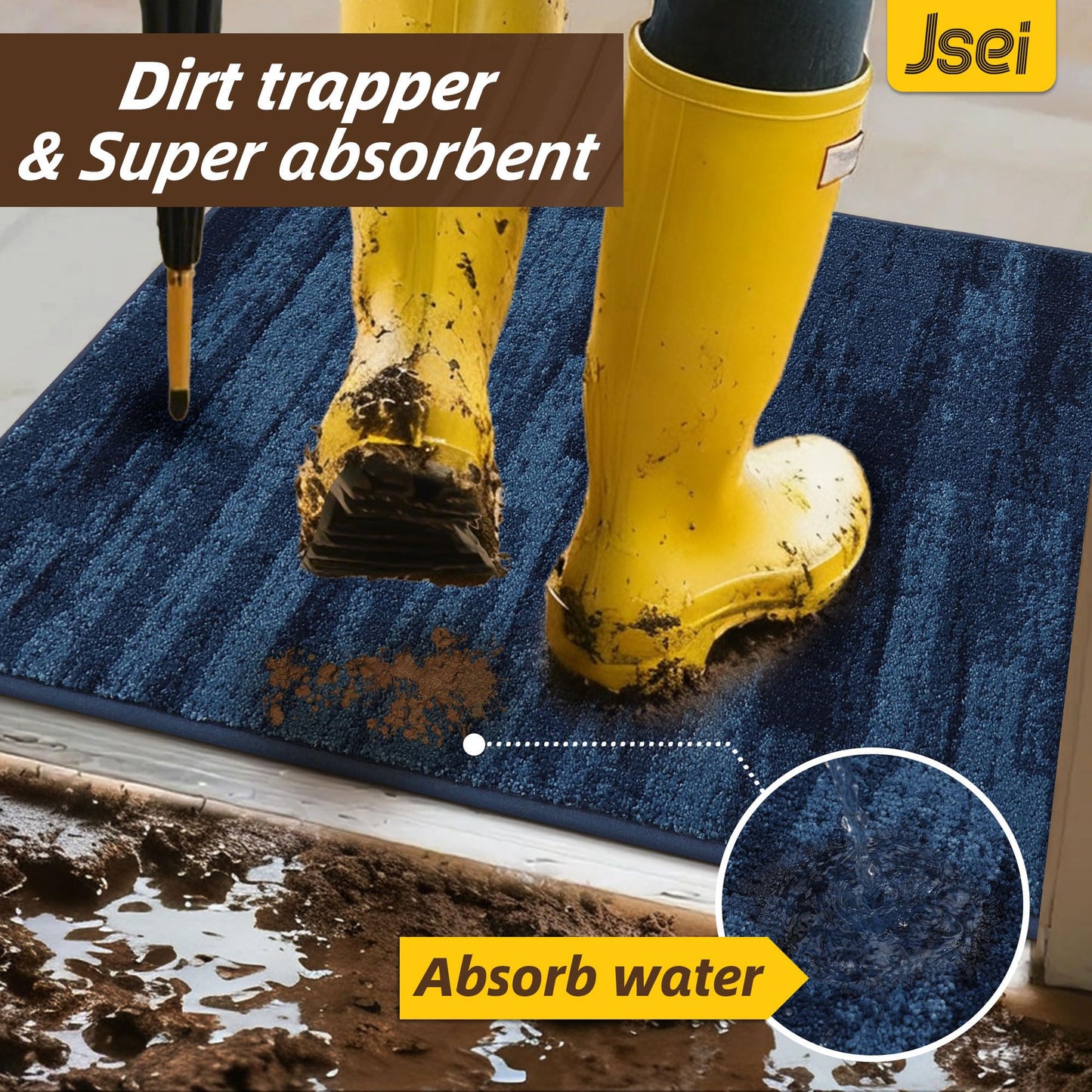 JSEI Dirt Trapper Door Mat 32"x48", Non-Slip Doormats Washable Entryway Mat, Welcome Floor Mat Absorbent Low Profile Dog Door Mats for Front Back Door, Wet Shoes & Paws, Blue
