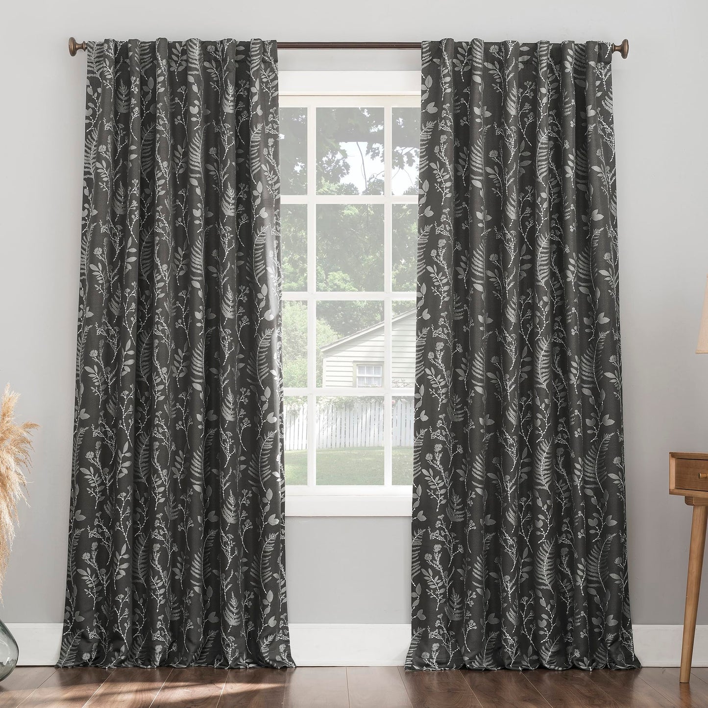 Sun Zero Ambridge 2-Pack Embroidered Botanical Leaf Pleated Look 100% Total Blackout Back Tab/Rod Pocket Curtain Panel Pair, Steel Gray, 50" W x 84" L (2 Panels)