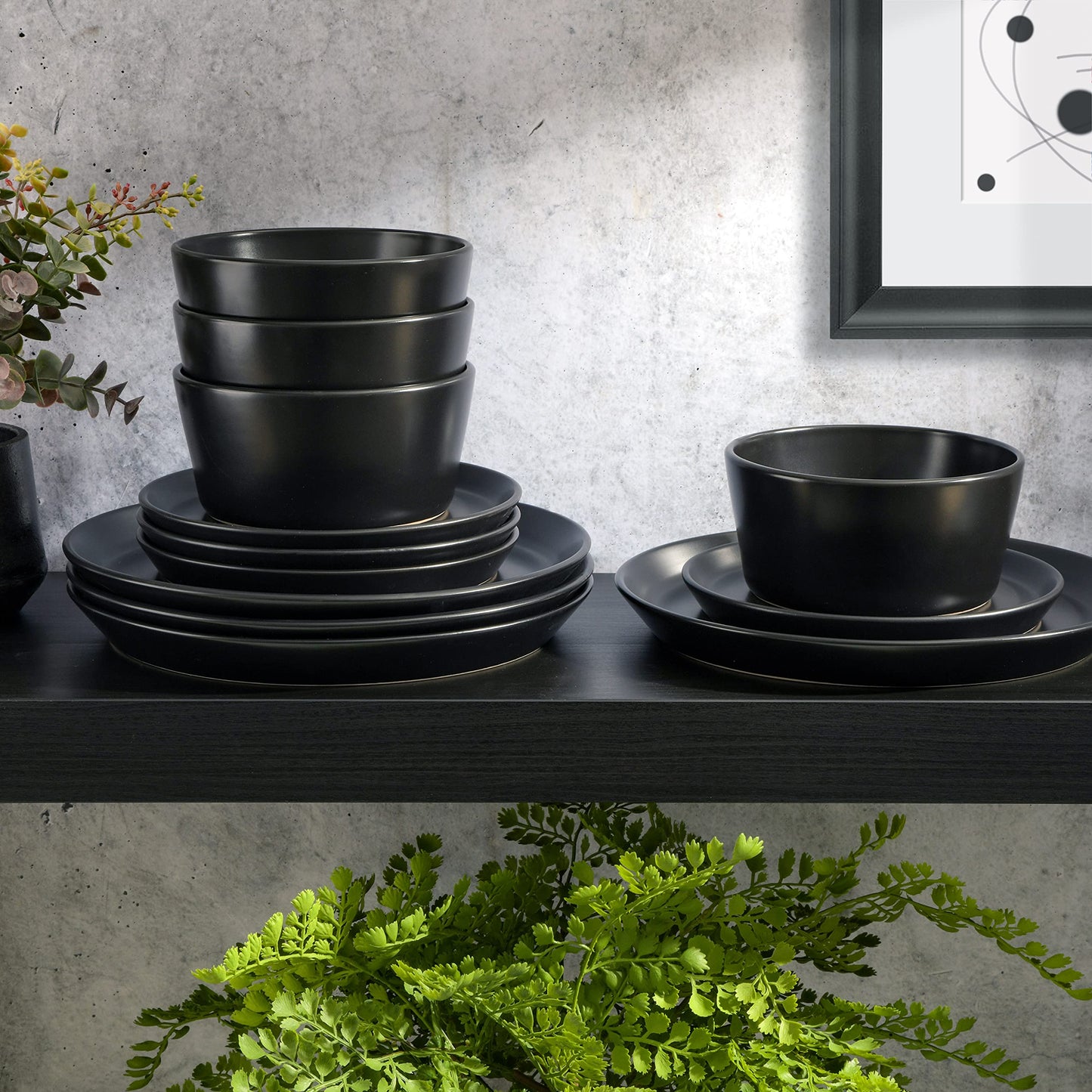 Gibson Soho Lounge Sofia Coupe 12-Piece Stoneware Dinnerware Set, Service for 4 – Black Plates and Bowls