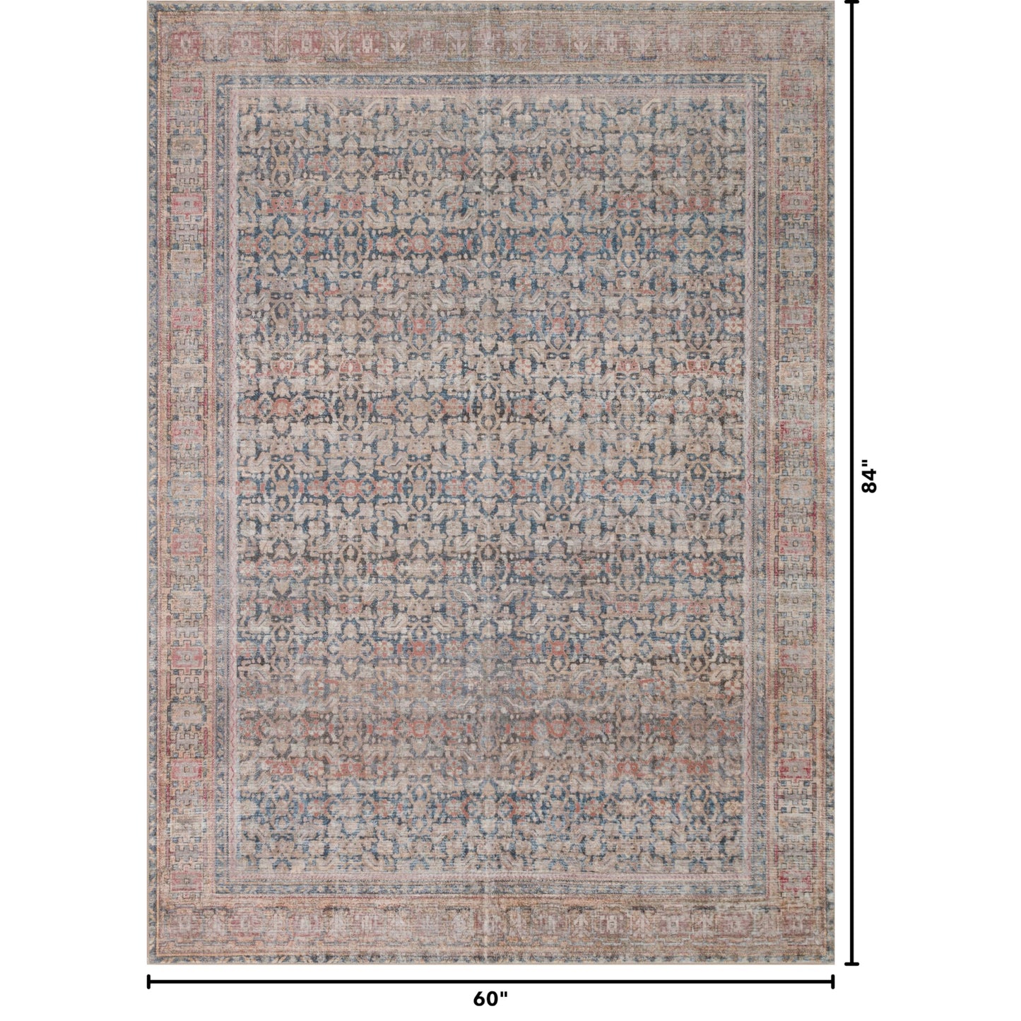 Kuden 5x7 Area Rug, Machine Washable Area Rug with Non-Slip Backing, Vintage Style, Soft, Easy Clean, Low Pile Rug for Living Room, Bedroom, Dining Room