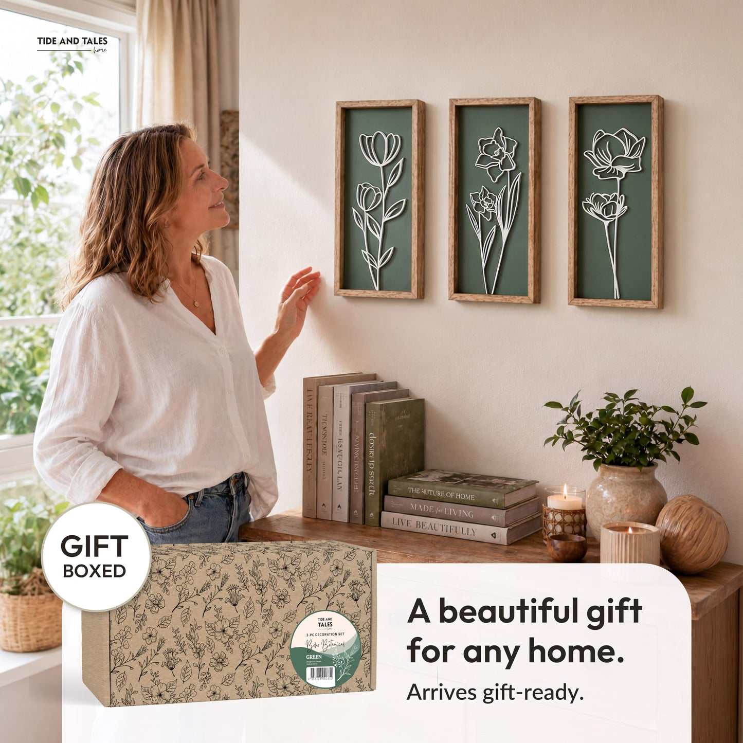 3D Floral Green Wall Art (Set of 3) Lightweight, Wooden Ready-to-Hang Boho Framed Wall Art for Bathroom, Master Bedroom, Living Room or Office - Premium Sage Green Farmhouse Decor - Gift-Boxed