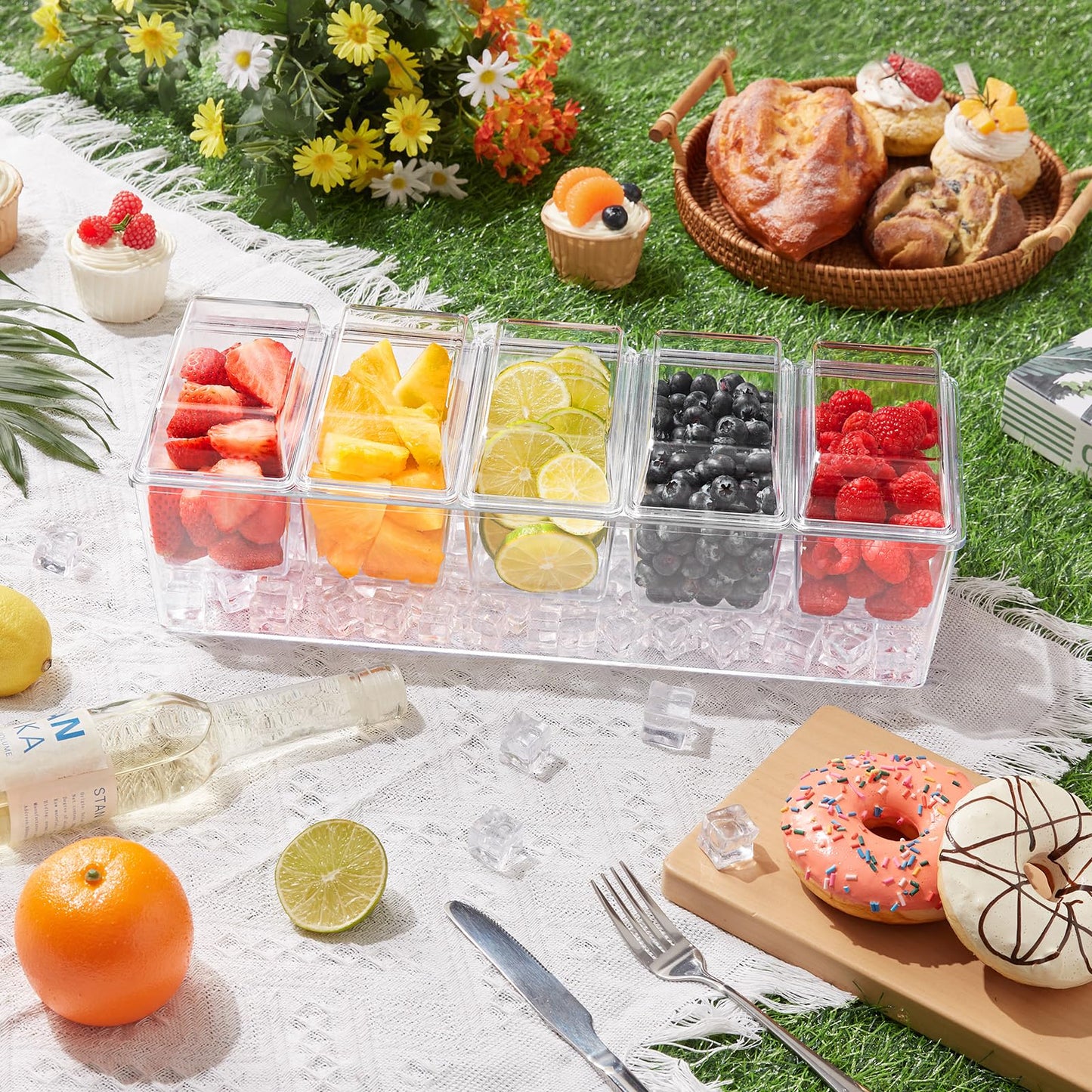 Lifewit 2 Pcs Ice Chilled Condiment Caddy with 5x 20 oz Containers, Condiment Server with Lid & Metal Accessories, Serving Tray Platter with Removable Dishes for Bar, Fruit, Salad, Taco, Party Garnish