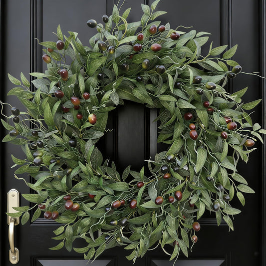 BHHDA Olive Wreath 26 Inch Wreaths for Front Door with Purely Handmade Realistic Dense Olive Leaf Olive Berry, Elegant Home Decor Wreath Ideal for Front Door, Hallways, Any Area You Want to Brighten