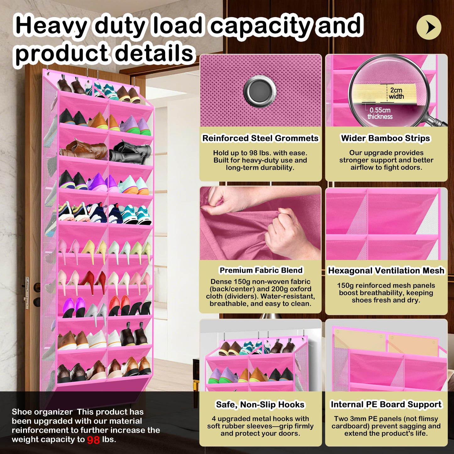 Kotkn 10-Tier Over the Door Shoe Organizer, 20 Pockets Holds 20-30 Pairs, Heavy-Duty Oxford Fabric with Hexagon Mesh for Boots & Sneakers- Pink