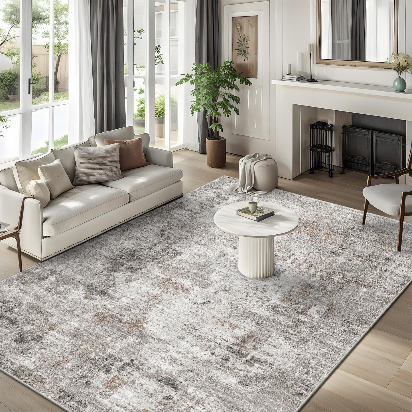5x7 Non-Slip Machine Washable Area Rug - Modern Abstract Neutral Carpet for Living Room, Bedroom, Kitchen, Dining Room, Office - Soft Low Pile Stain-Resistant Rug with Rubber Backing (Beige, Grey)
