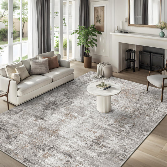 5x7 Non-Slip Machine Washable Area Rug - Modern Abstract Neutral Carpet for Living Room, Bedroom, Kitchen, Dining Room, Office - Soft Low Pile Stain-Resistant Rug with Rubber Backing (Beige, Grey)