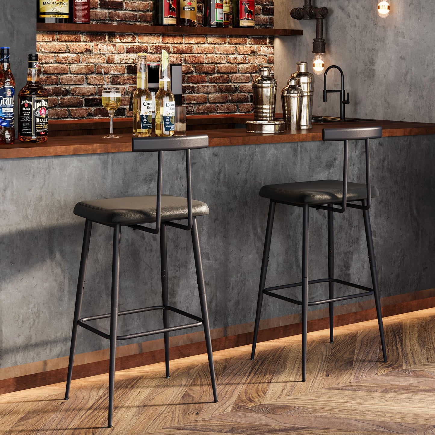 YAUKTAK Bar Stools Set of 2, Tall Bar Stools with Backrest and Footrest, Counter Height Bar Chairs, Industrial Barstools with PU Leather Cushion, for Kitchen, Dining Room, Bar, Cafe (Black) KBS515B