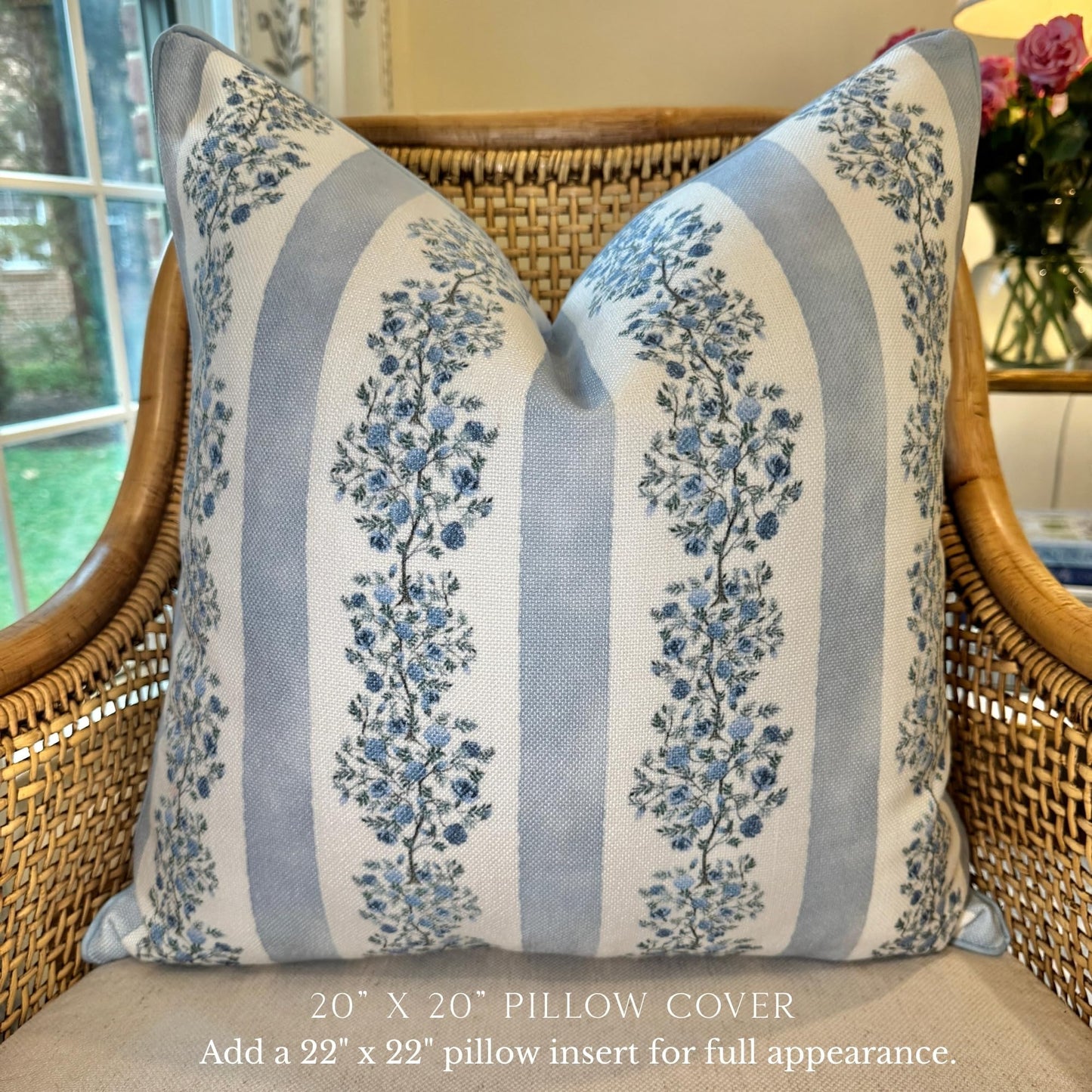 Jillien Harbor “The Juliet” Floral Block Print Pillow Cover – Soft Blue and Off-White Decorative Throw Pillow Cover – Grandmillennial Home Decor, 20" x 20"