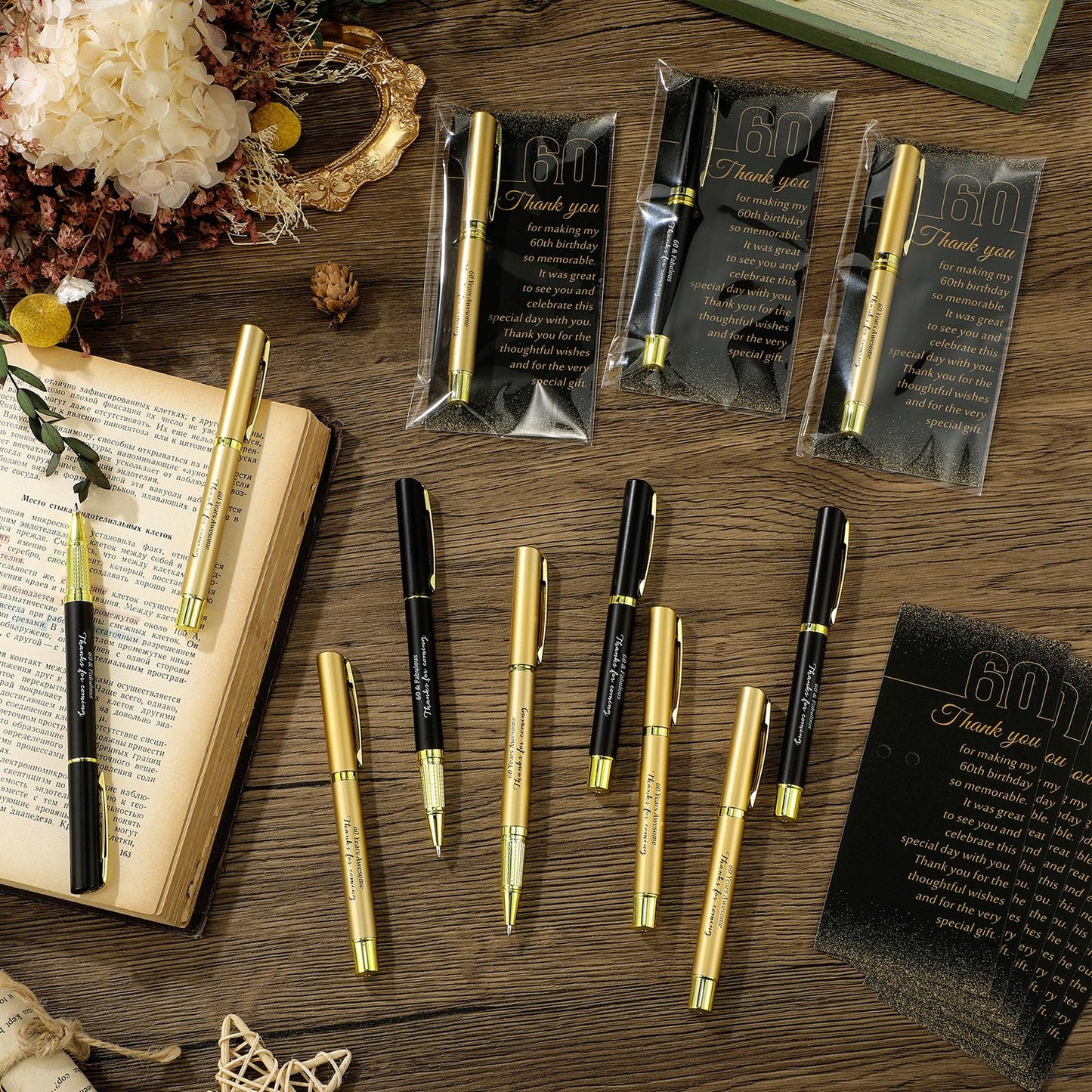 Feifeiya 50 Set 60th Birthday Party Favor for Guest Anniversary Party Favor with Black and Gold Ballpoint Pens and Thank You Cards for Women Men Birthday Anniversary Appreciation Gifts