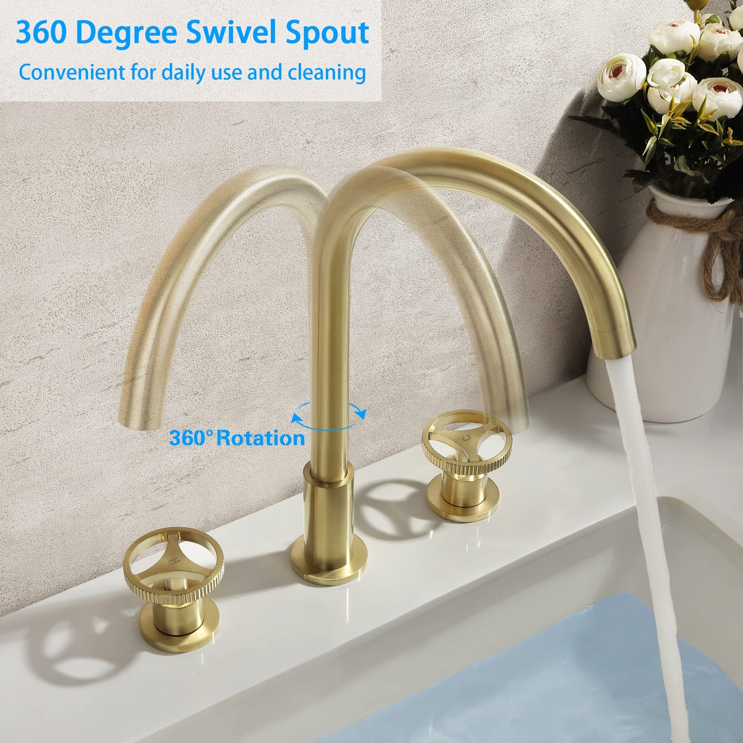 Bathroom Faucets Widespread Two Handle Vanity Faucet Deck Mount Bathroom Faucet 3 Hole Modern Gooseneck Bathroom Sink Faucet Spout, Brushed Gold