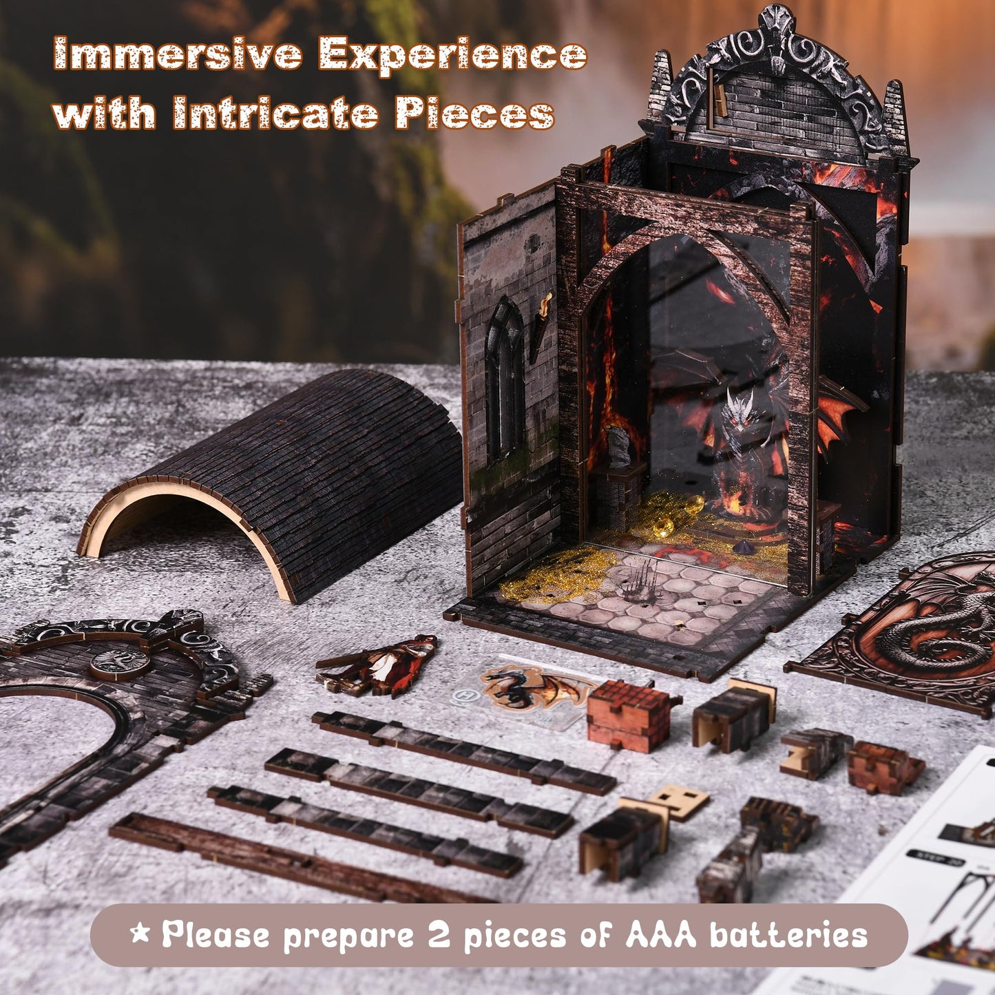 Soothee DIY Book Nook Kit with LED Lights - 3D Puzzles for Adults & Teens, Miniatures for Bookshelf Decor, Relaxing Craft & Unique Gift for Craft Lovers (Dragon's Den)