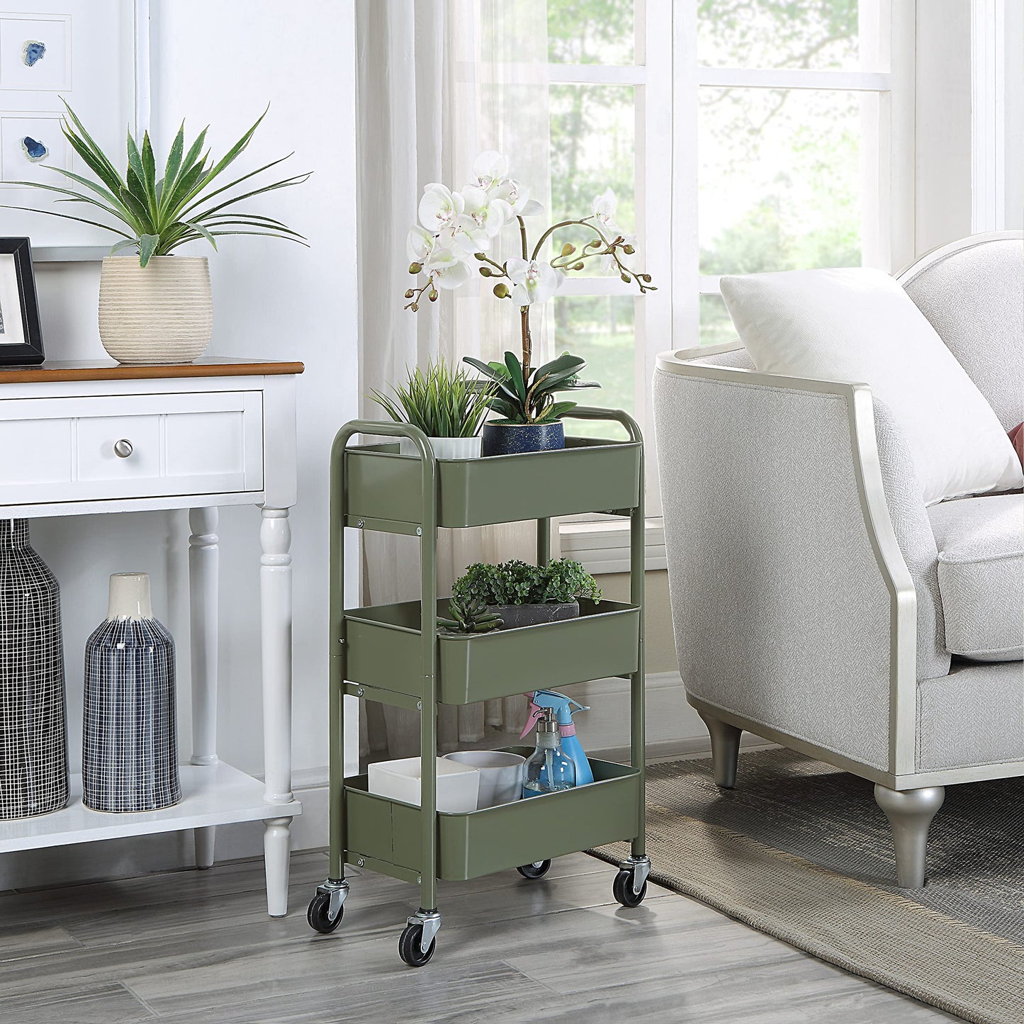 SunnyPoint 3-Tier Delicate Compact Rolling Metal Storage Organizer - Mobile Utility Cart Kitchen/Under Desk Cart with Caster Wheels - Army (15.35" X 10.24" X 26.8"H)