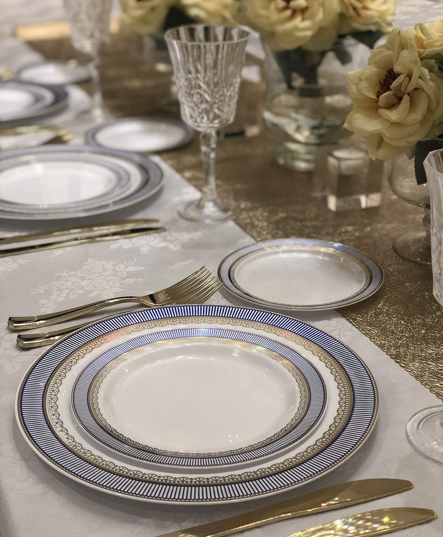 " OCCASIONS " 50 Plates Pack (25 Guests)-Heavyweight Wedding Party Disposable Plastic Plate Set -25 x 10.5'' Dinner + 25 x 7.5'' Salad/dessert plates (Louvre in White w/Blue & Gold)