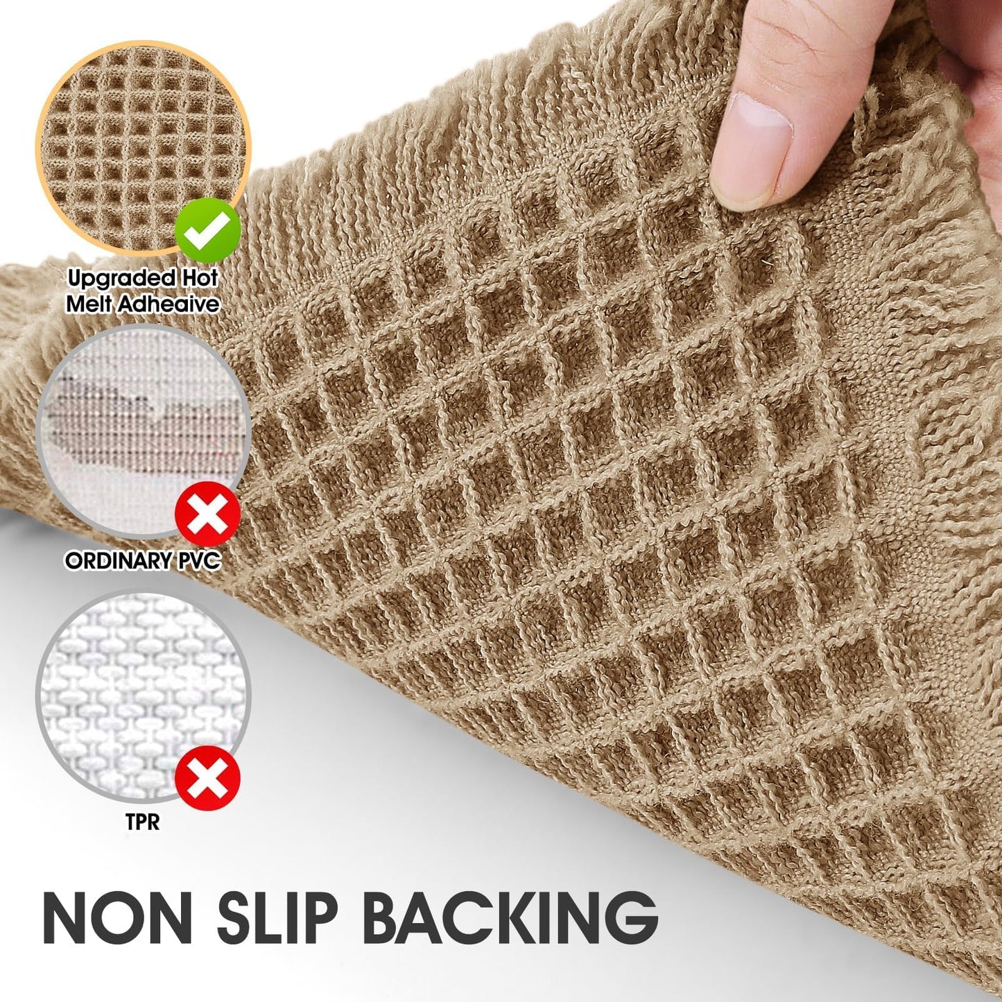 Waffle Bath Mat Set 3 Piece, Boho Woven Modern Bath Rug Absorbent Non Slip, Soft Bathroom Mats, Machine Washable Knit Bath Rugs with Herringbones for Bathroom, Bedroom, Kitchen, Shower, Tub, Beige
