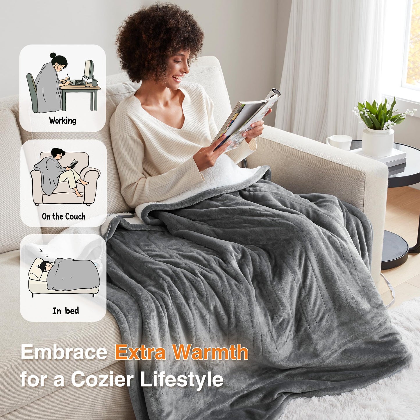 Beautyrest Heated Throw Blanket, Electric Throw, Soft, Warm, Reversible Plush - Sherpa, 3 Heat Settings, 2 hr Auto Shut Off, Machine Washable, 50 x 60 Grey