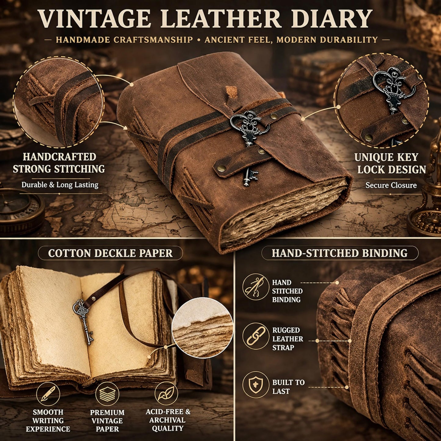 Vintage Leather Journal - Antique Handmade Leather Bound journal with deckle edge paper for Men And Women Diary - Leather Sketchbook - Drawing Journal Notebook - Great Gift (11.7X8.3)