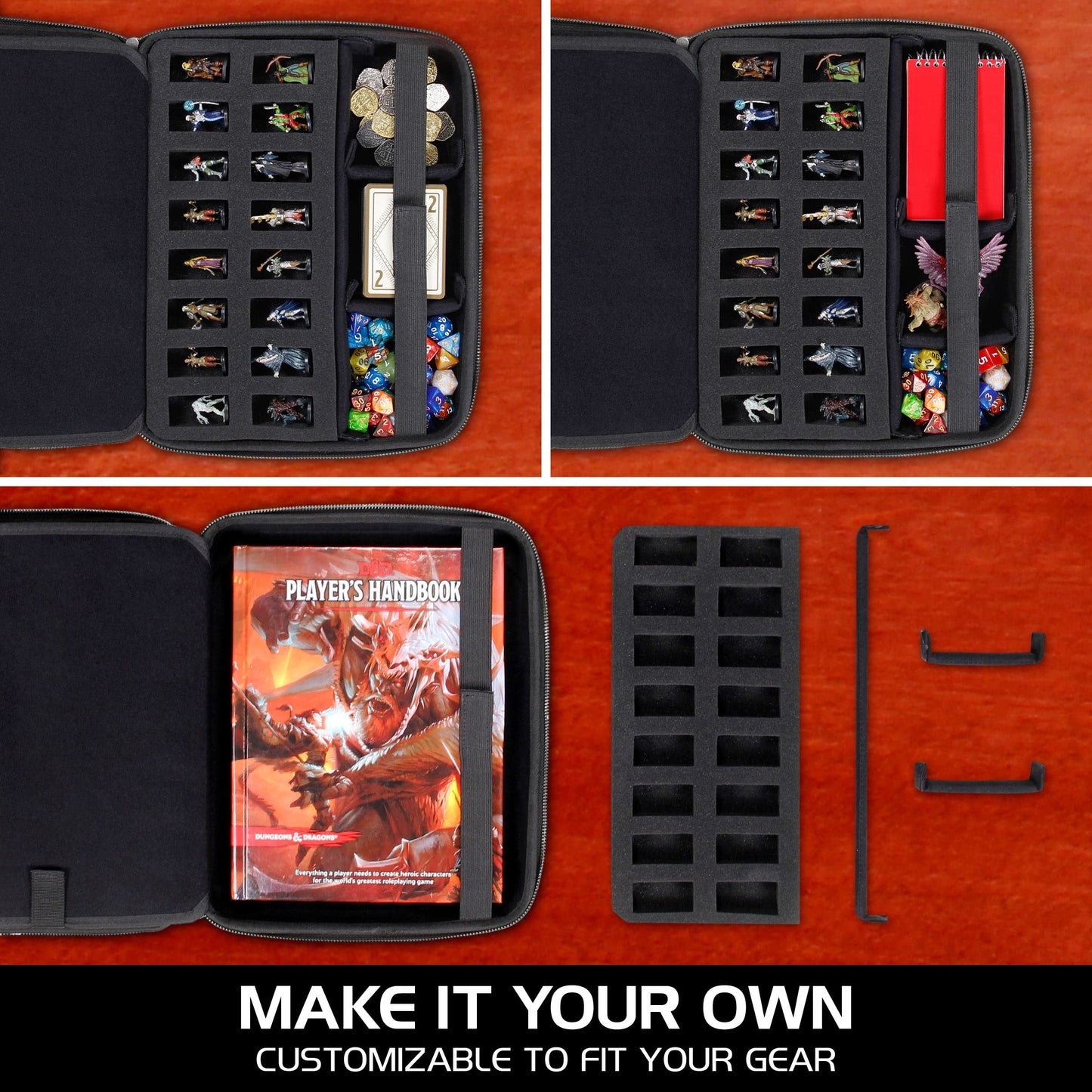 ENHANCE Collector's Edition RPG Organizer Case - DND Binder with Built-in Character Sheet Holder and Erasable Scribe Panel, Dice Rolling Area, Removable Pen Pouch, Miniature Foam Tray (Dragon Brown)
