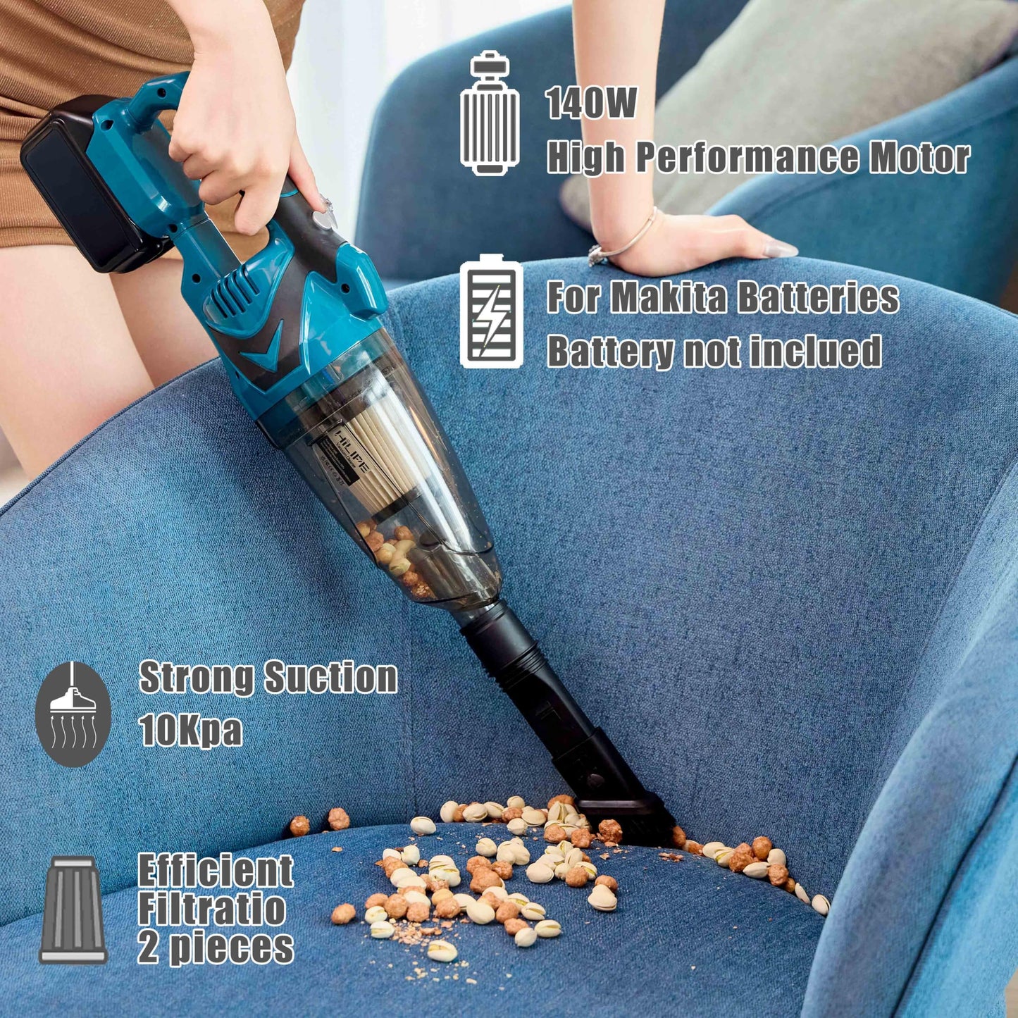 HILIPE Cordless Handheld Vacuum Cleaner for Makita 18V Battery, EasyClean Wet Dry Use,Wireless Handheld Vacuum for Car,Home, Boat,Workshop, Pet Hair, Furniture Cleaning (Tool Only No Battery)
