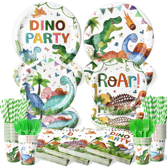 300 Pcs Dinosaur Plates and Napkins (Serves 50 Guests), Dinosaur Birthday Party Supplies Include Forks Cups Straws Tableware Set for Kids Party Decorations