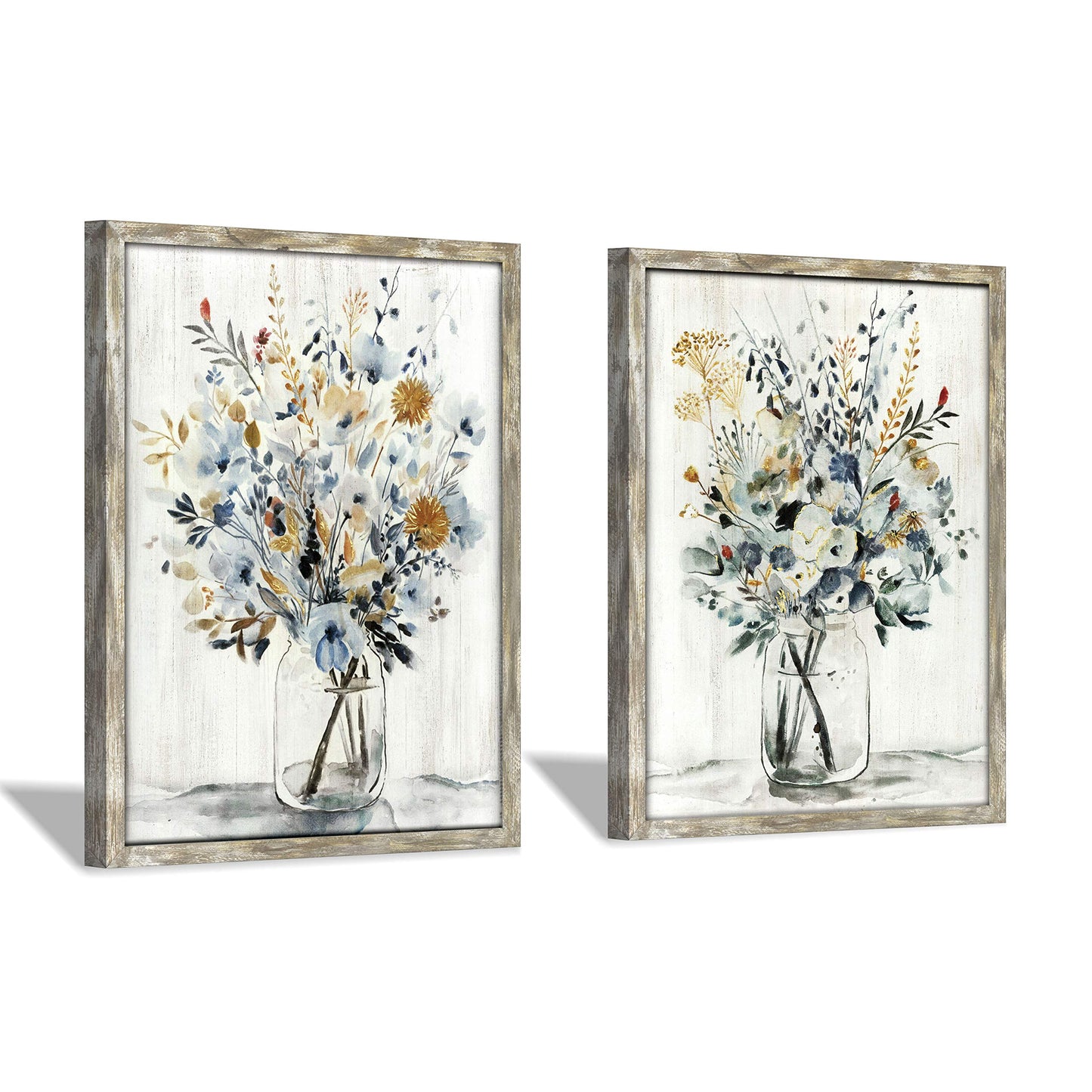 Floral Picture Wall Art Painting: Blossom Bouquet Flowers Print on Rustic Wood and Handcrafted Wooden Framed Artwork for Home and Kitchen (18” x 24” x 2pcs)