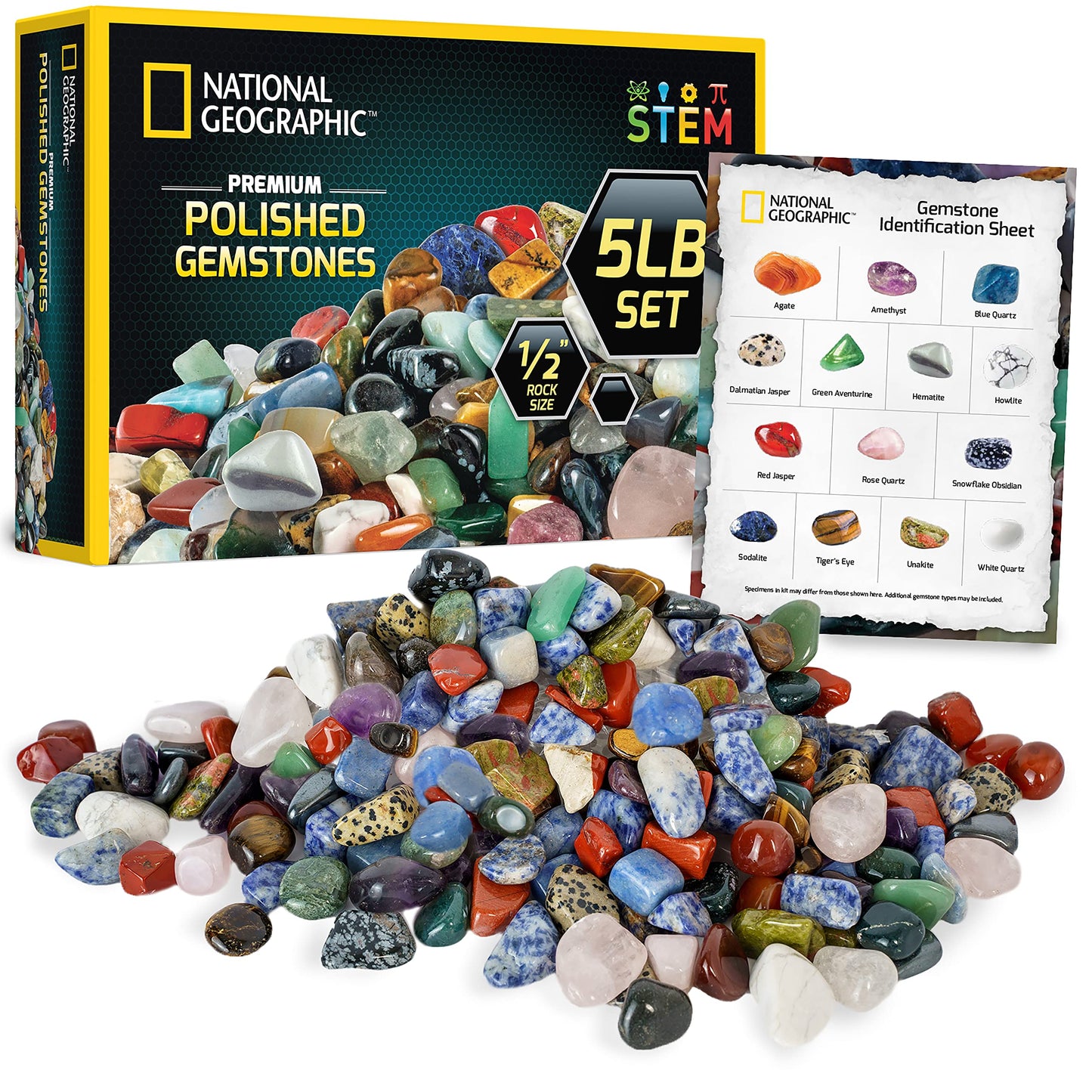 National Geographic Premium Polished Gemstones - 5 Pounds of 1/2-Inch Stones and Crystals, Use for Aquarium Gravel, River Rock, Pebbles for Plants, Vase Fillers, STEM Rock Collections for Kids