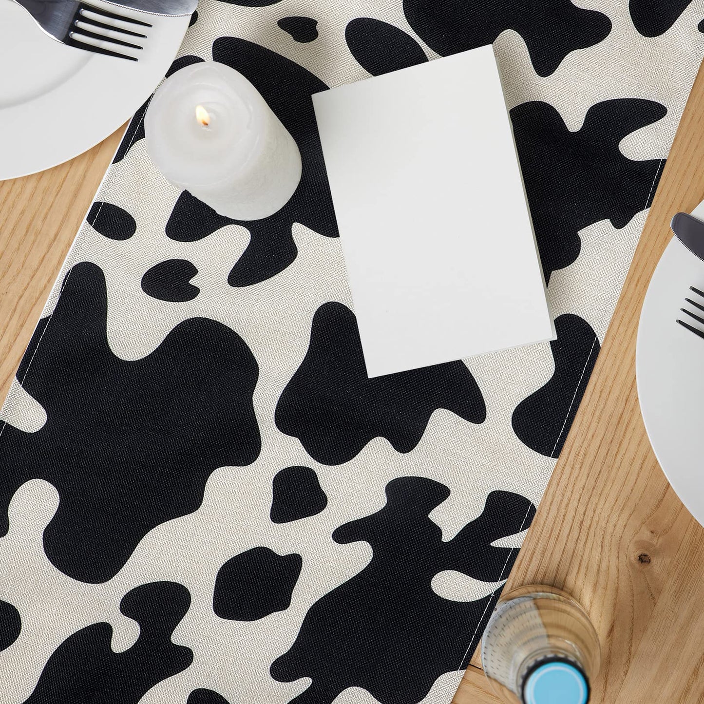 Kingdder 8 Pcs Linen Cow Print Table Runner Farm Black and White Cowhide Tablecloth Cow Print Table Cloths for Parties Kitchen Western Barnyard Cowboy Birthday Home Decorations (13 x 108 in)