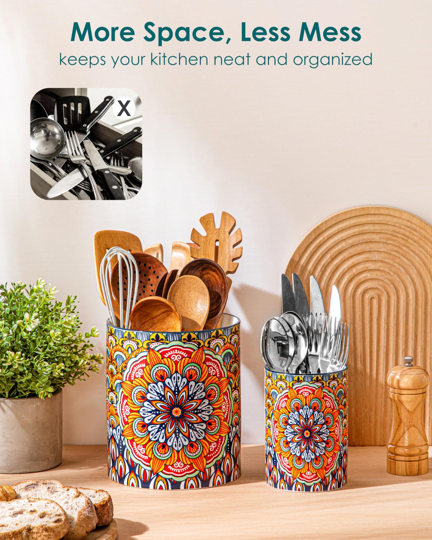 vancasso SIMI Utensil Holder, 7.3"+5.5" Porcelain Kitchen Utensil Holder for Countertop, Bohemian Kitchen Utensil Organizer for Spatulas, Spoons, Ladles, Decorative Counter Utensil Crock, Regal Bloom