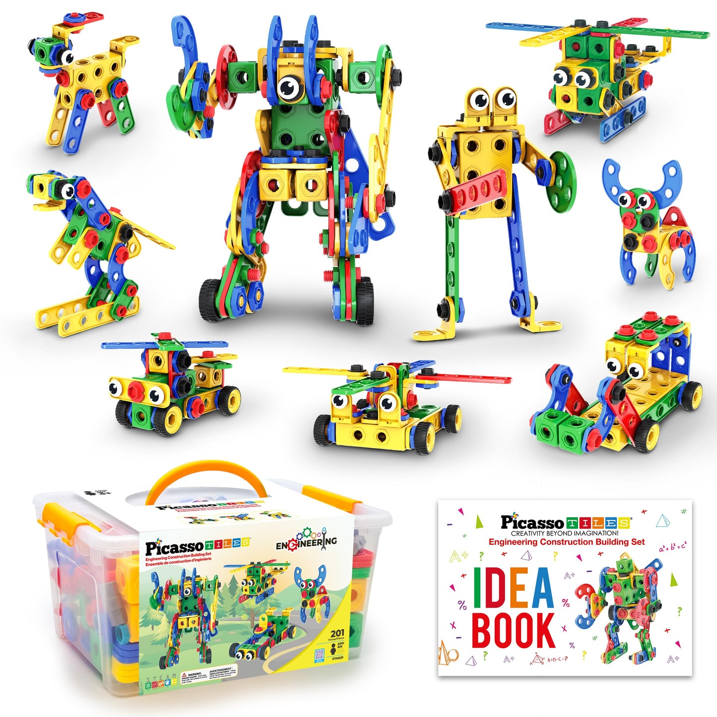 PicassoTiles STEM Learning Toys 201 Piece Building Block Kids Construction Engineering Kit Toy Blocks Children Early Education Playset w/Free IdeaBook, Power Drill, Clickable Ratchet, Age 3+ PTN201