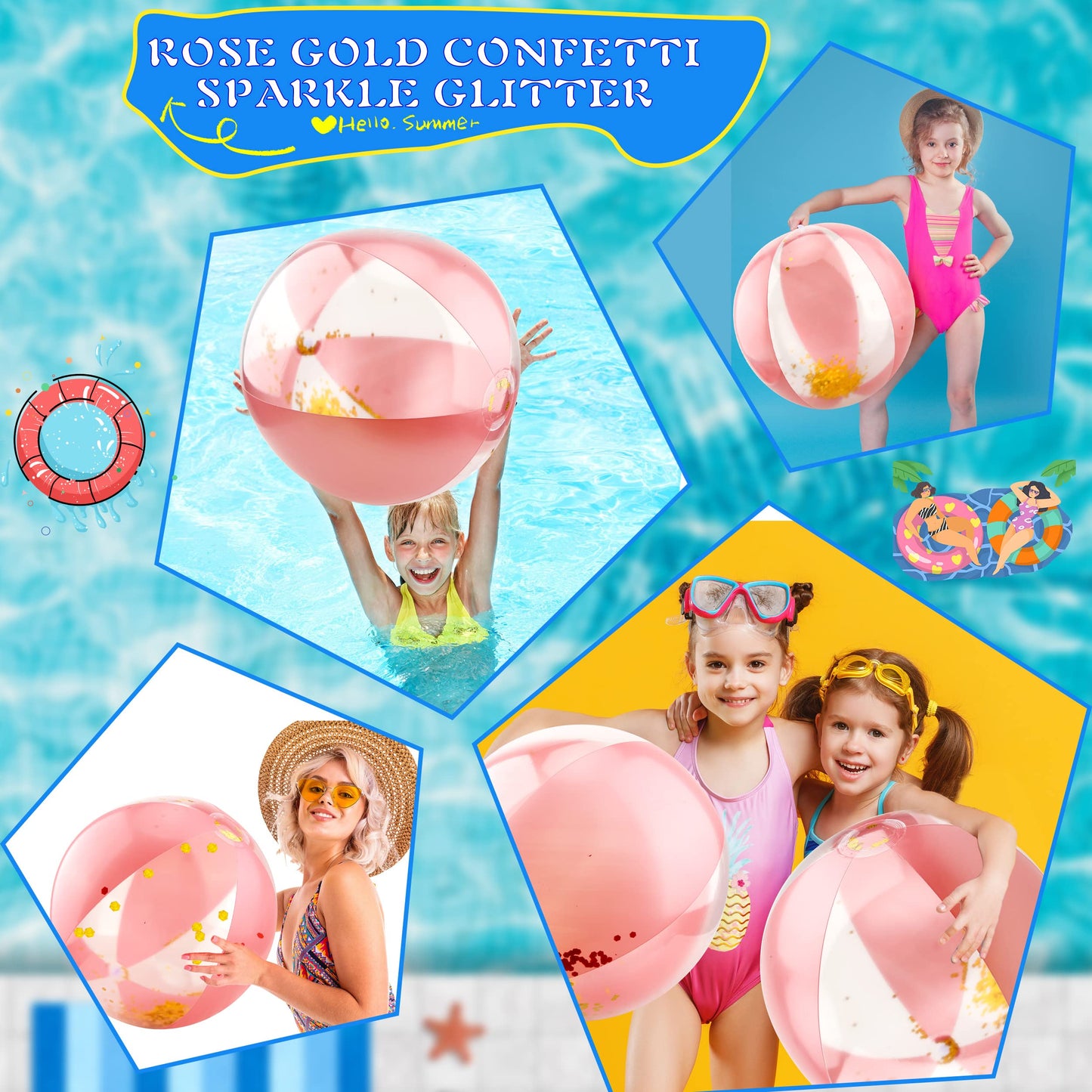 Sonarun 20 Pack 16 Inch Inflatable Glitter Beach Ball Rose Gold Confetti Beach Balls Bulk for Summer Beach Pool Water Party Play Toys Hawaii Luau Party Favors