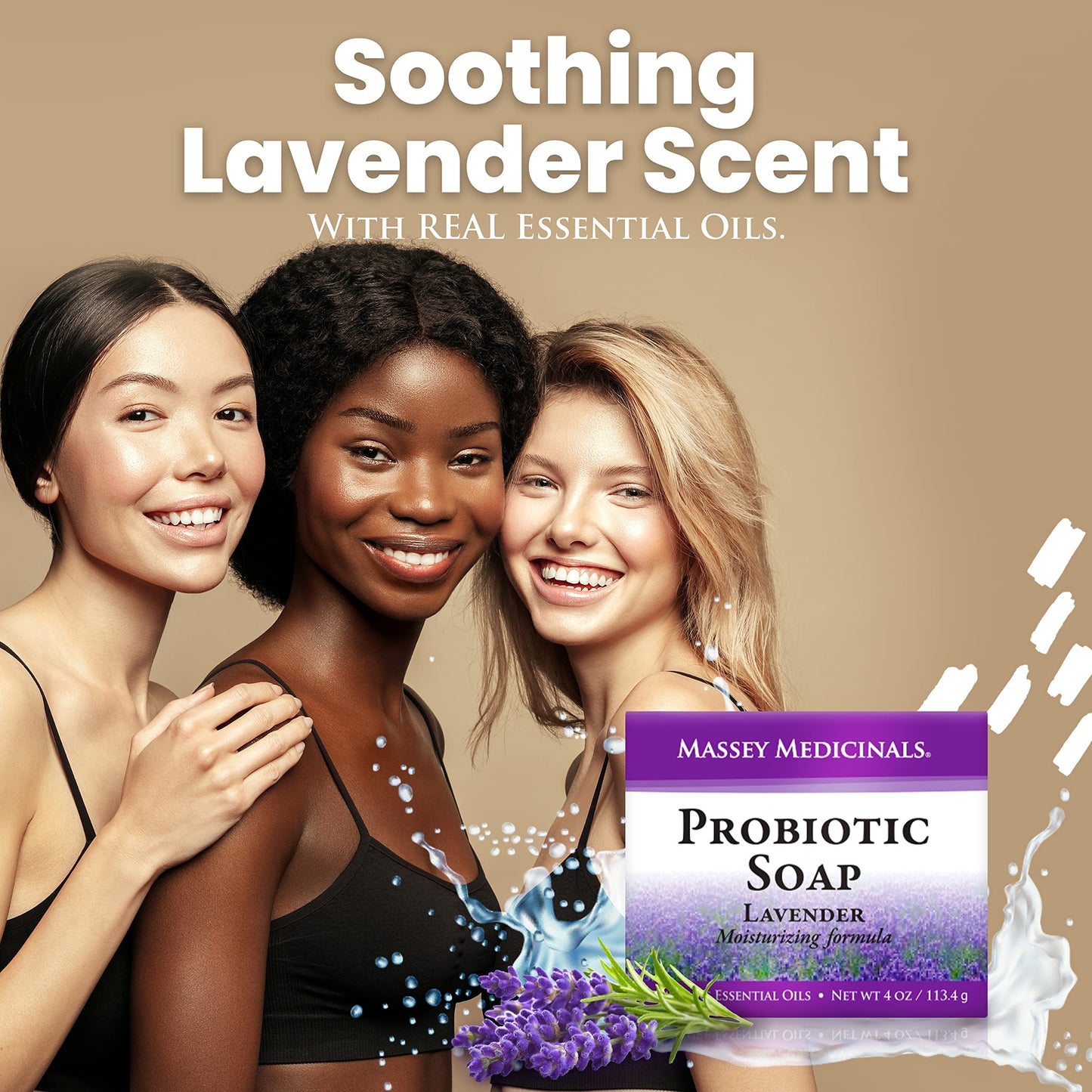 Candida Freedom Massey's Natural Probiotic Soap Bar - Lavender Scented - For Men and Women of All Ages - Refreshing Body Essential with 100% Natural Ingredients - 4oz Bar (Pack of 3)